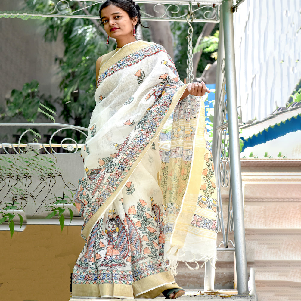 Madhubani Hand-Painted Linen Saree