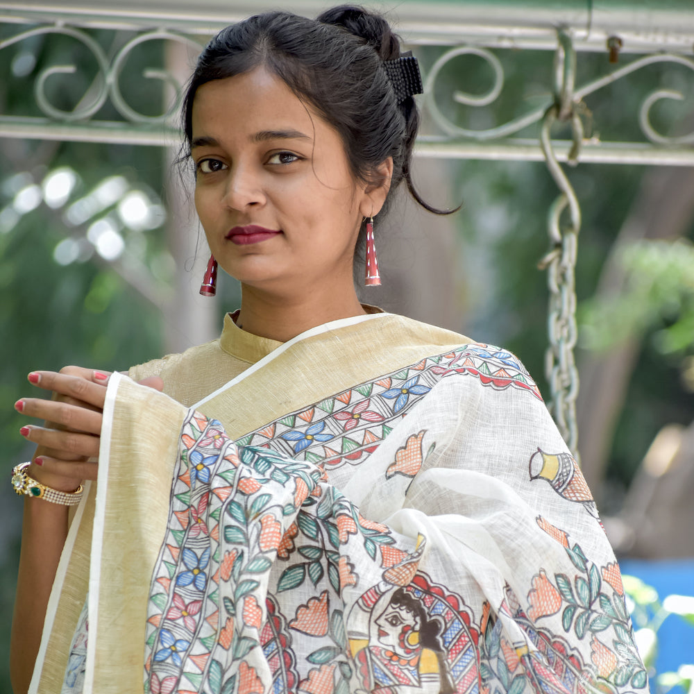 Madhubani Hand-Painted Linen Saree