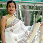 Madhubani Hand-Painted Linen Saree