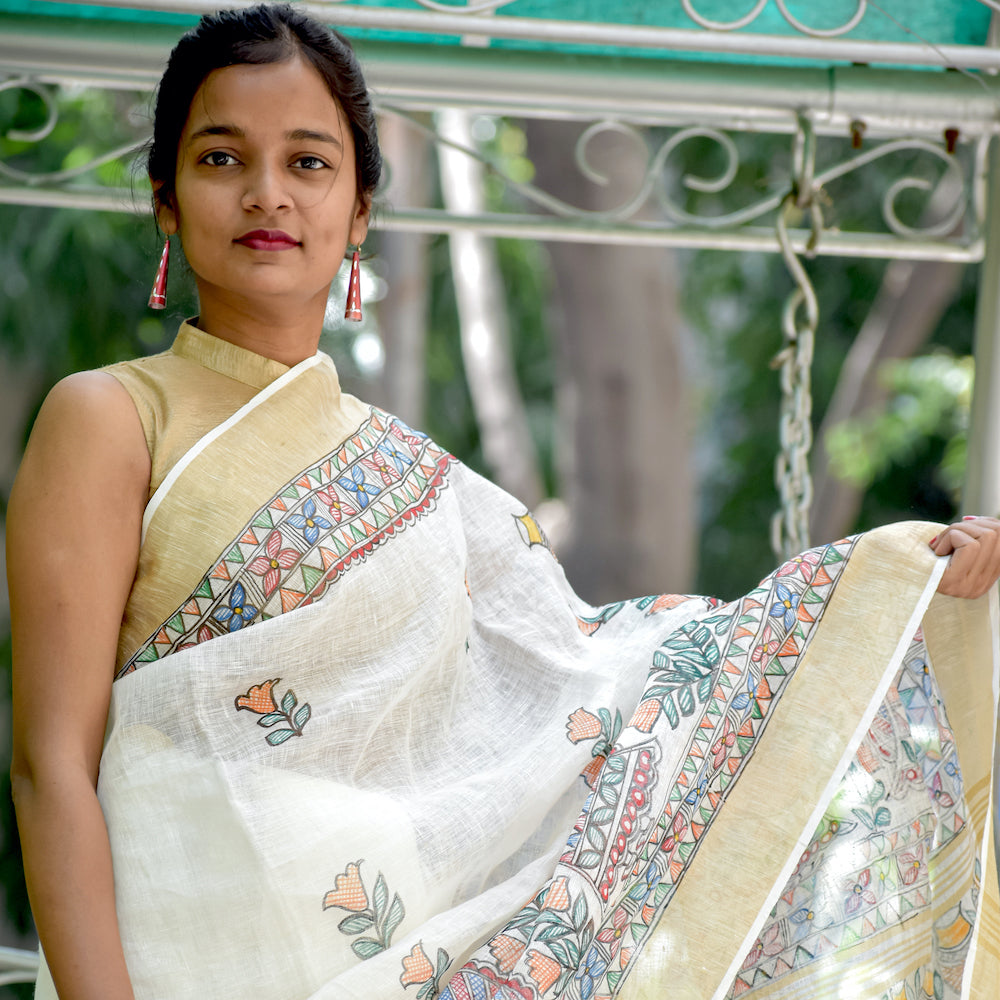 Madhubani Hand-Painted Linen Saree