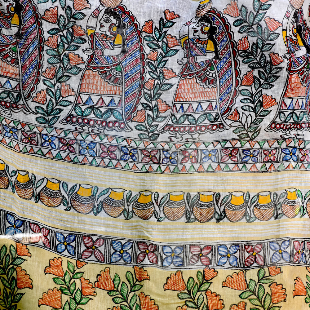 Madhubani Hand-Painted Linen Saree