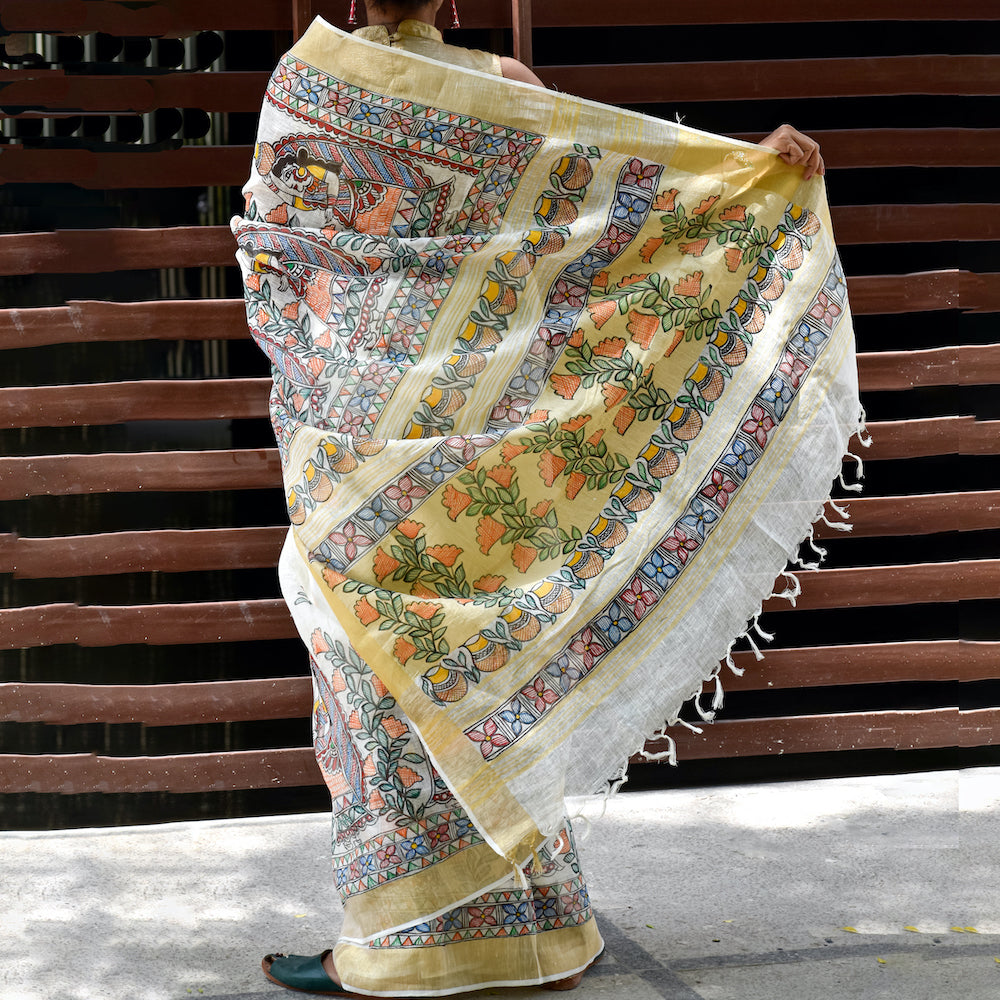 Madhubani Hand-Painted Linen Saree