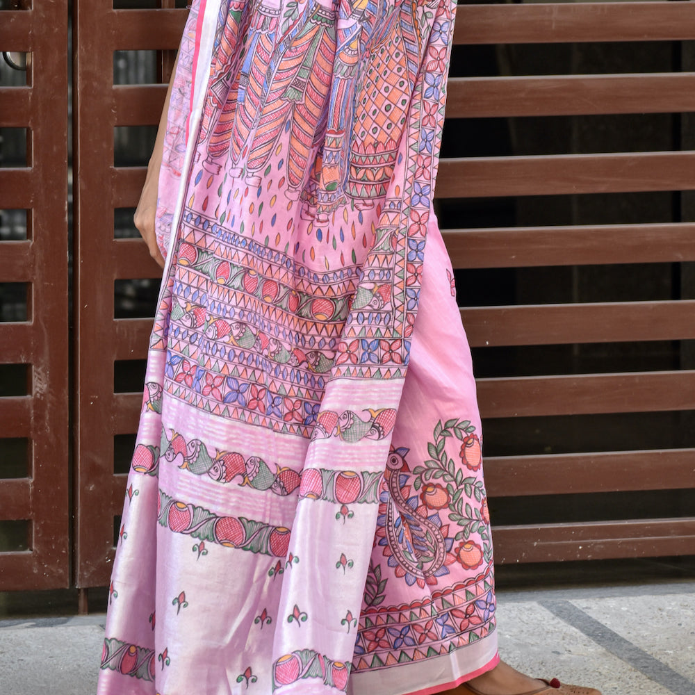 Madhubani Hand-Painted Pink Linen Saree