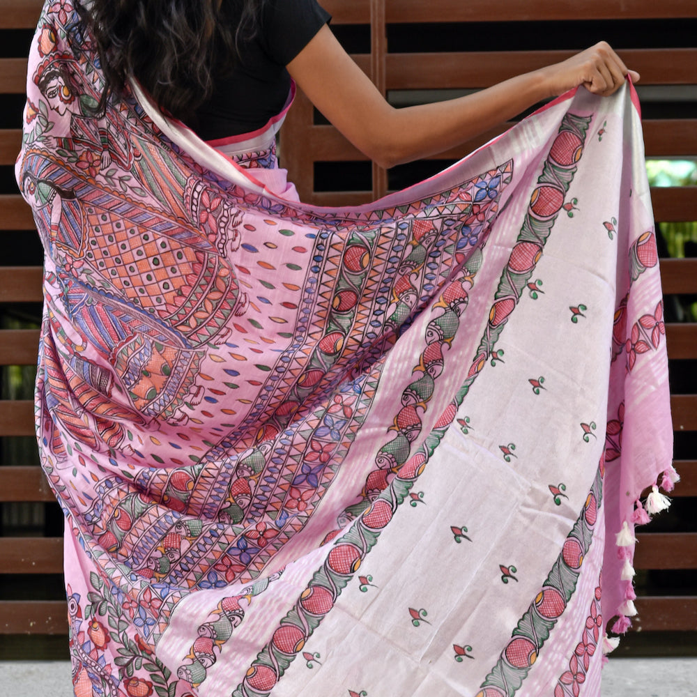 Madhubani Hand-Painted Pink Linen Saree