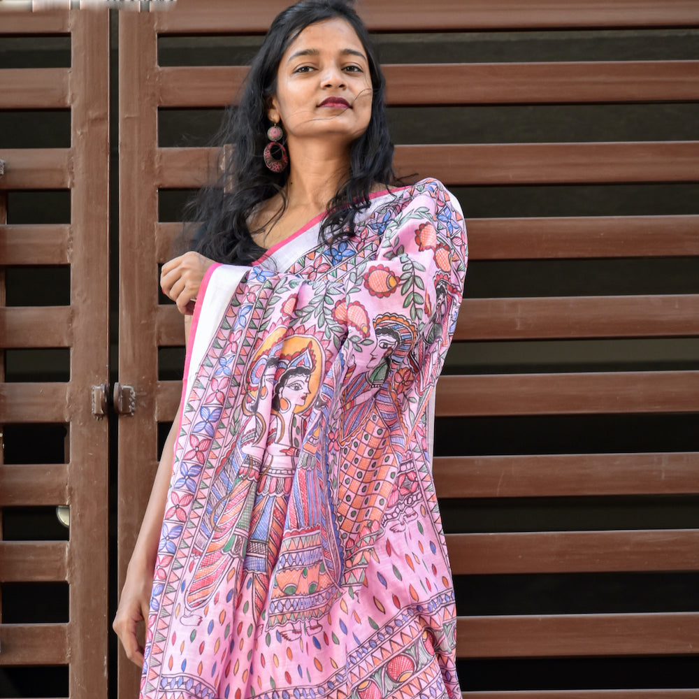 Madhubani Hand-Painted Pink Linen Saree