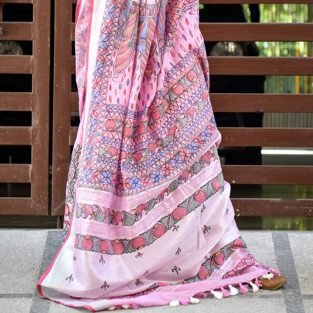Madhubani Hand-Painted Pink Linen Saree