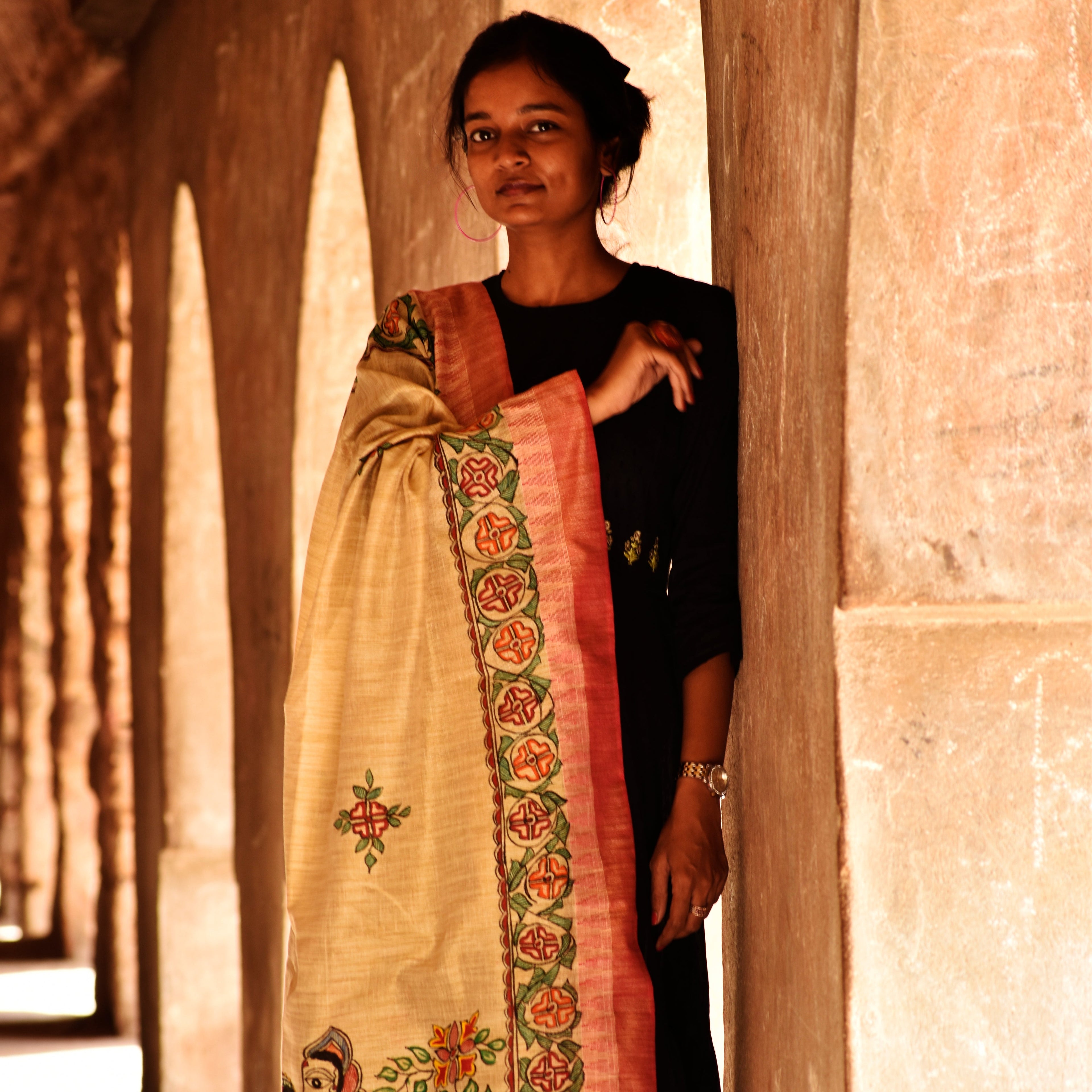 Madhubani Cotton Ram Sita Vivah Handpainted Dupatta