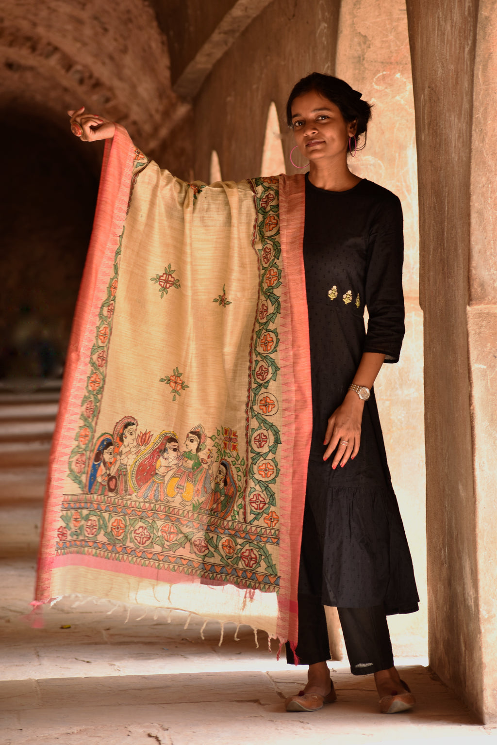 Madhubani Cotton Ram Sita Vivah Handpainted Dupatta