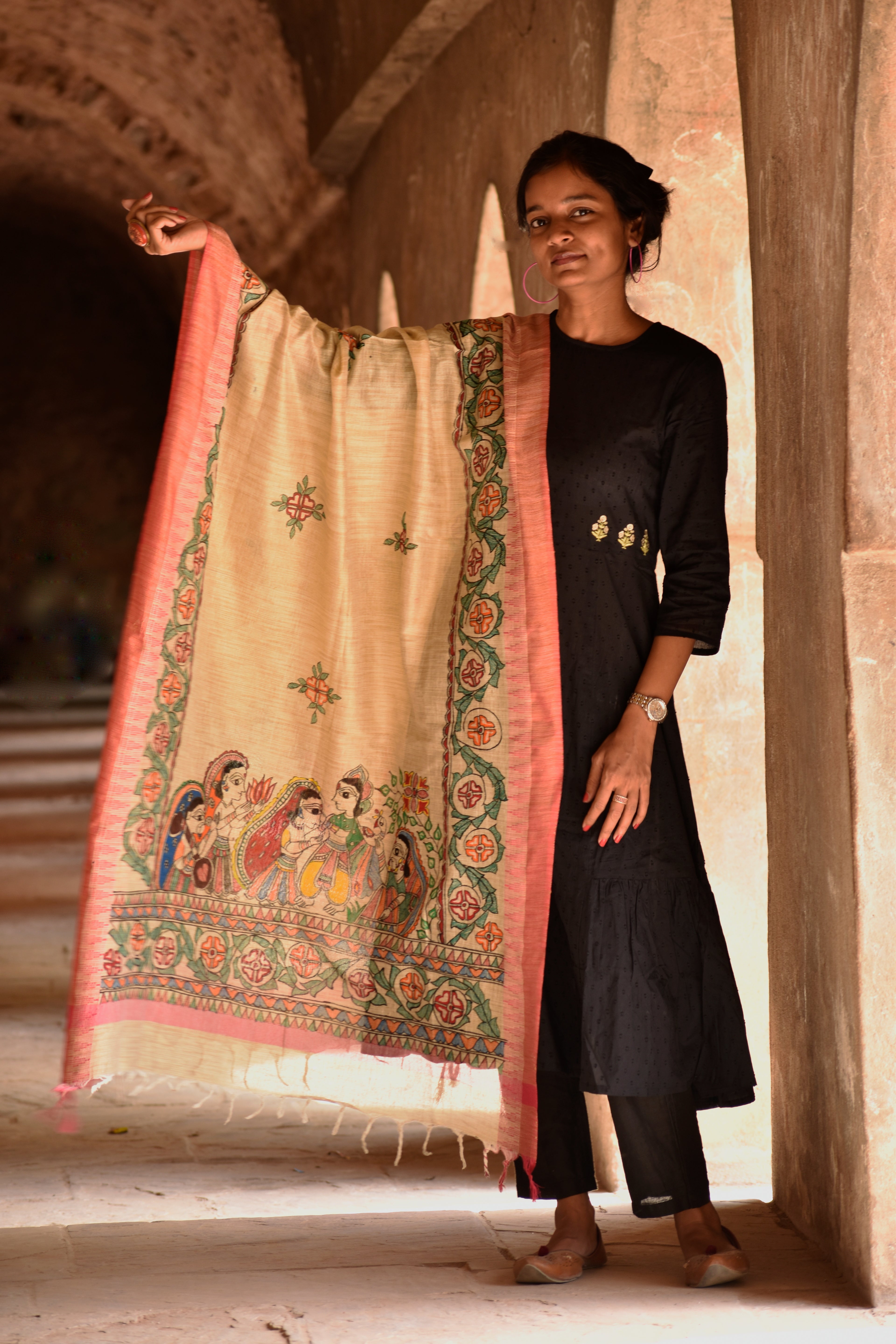 Madhubani Cotton Ram Sita Vivah Handpainted Dupatta