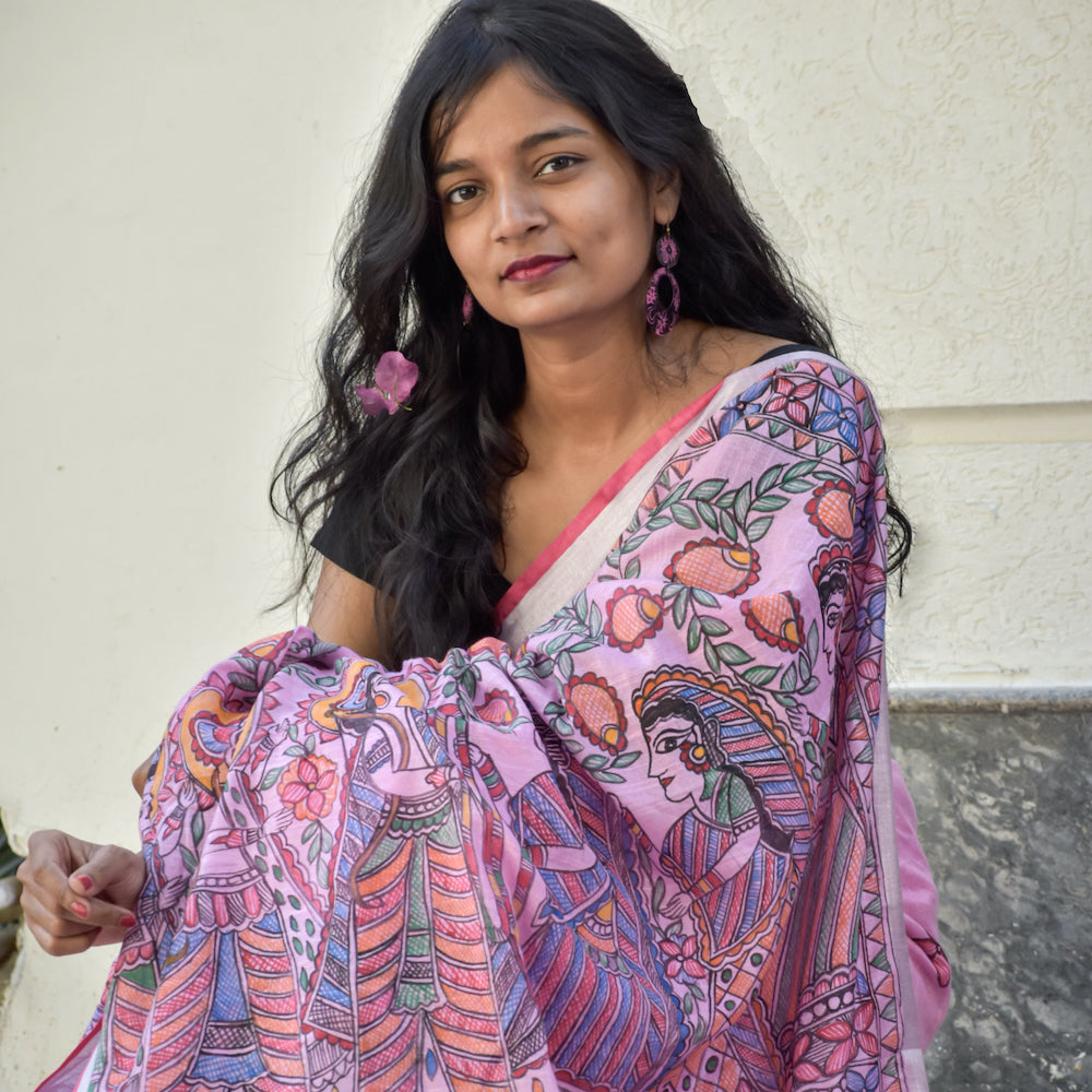 Madhubani Hand-Painted Pink Linen Saree