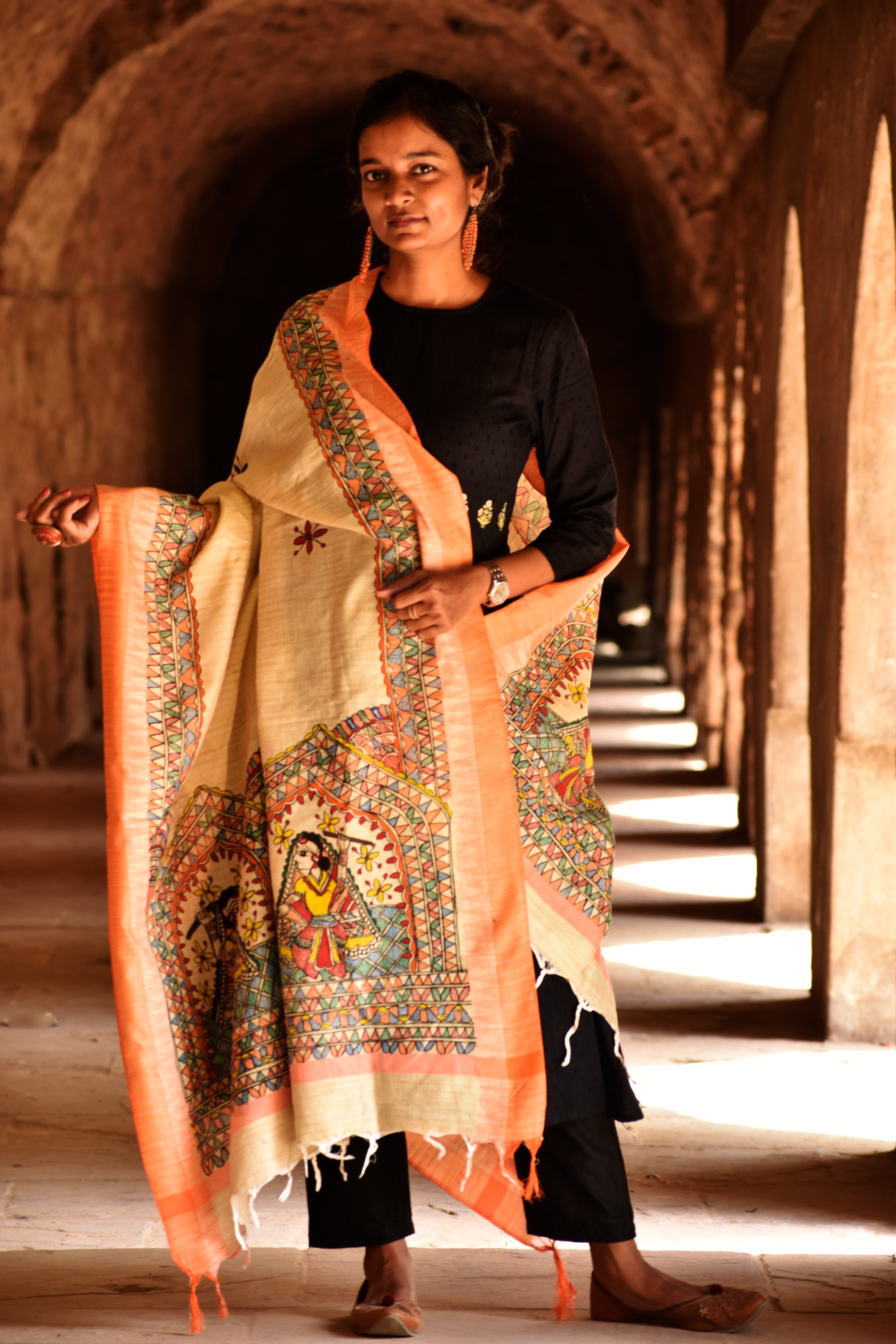 Madhubani Handpainted Cotton Garba Raas Dupatta