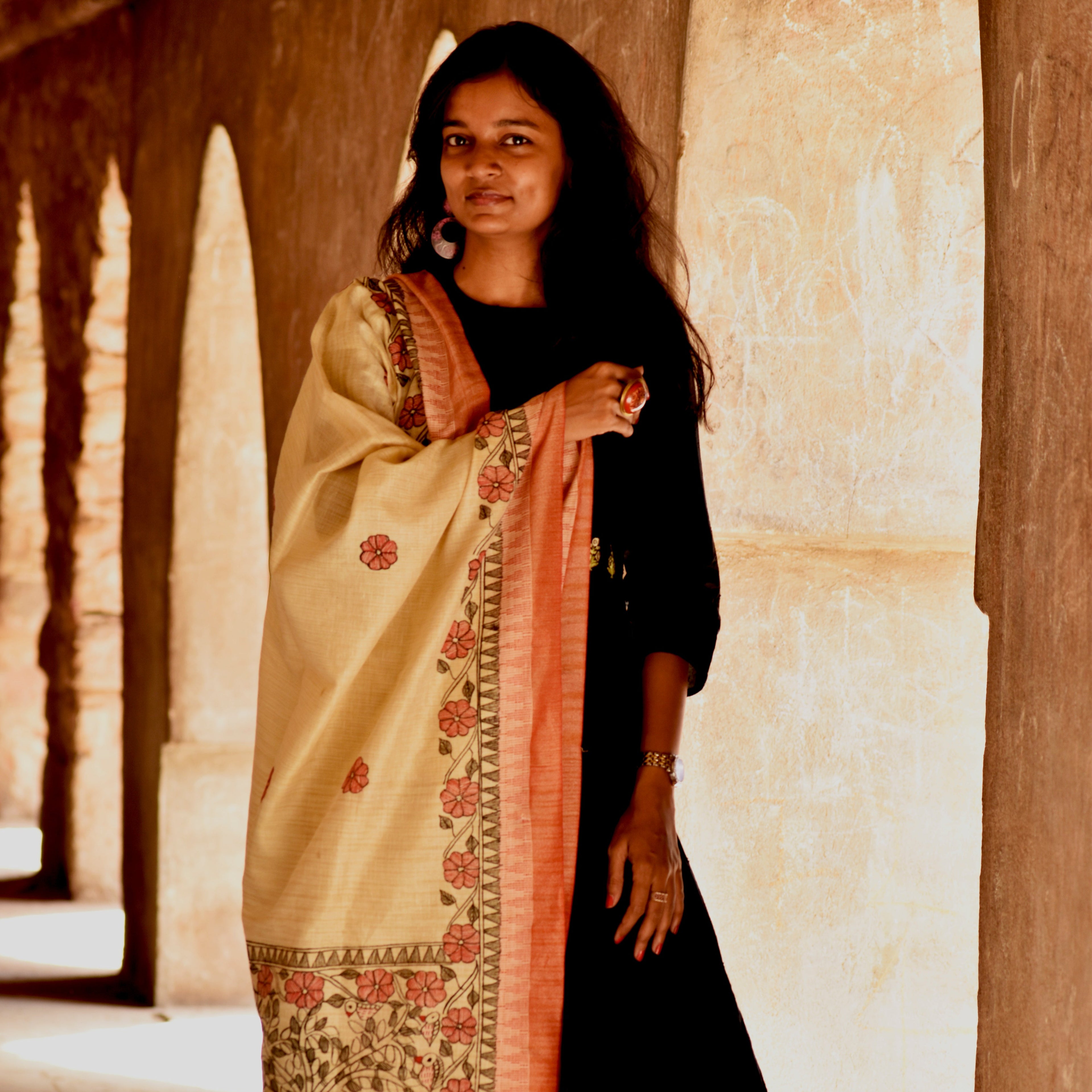 Madhubani Handpainted Black-Red Cotton Dupatta