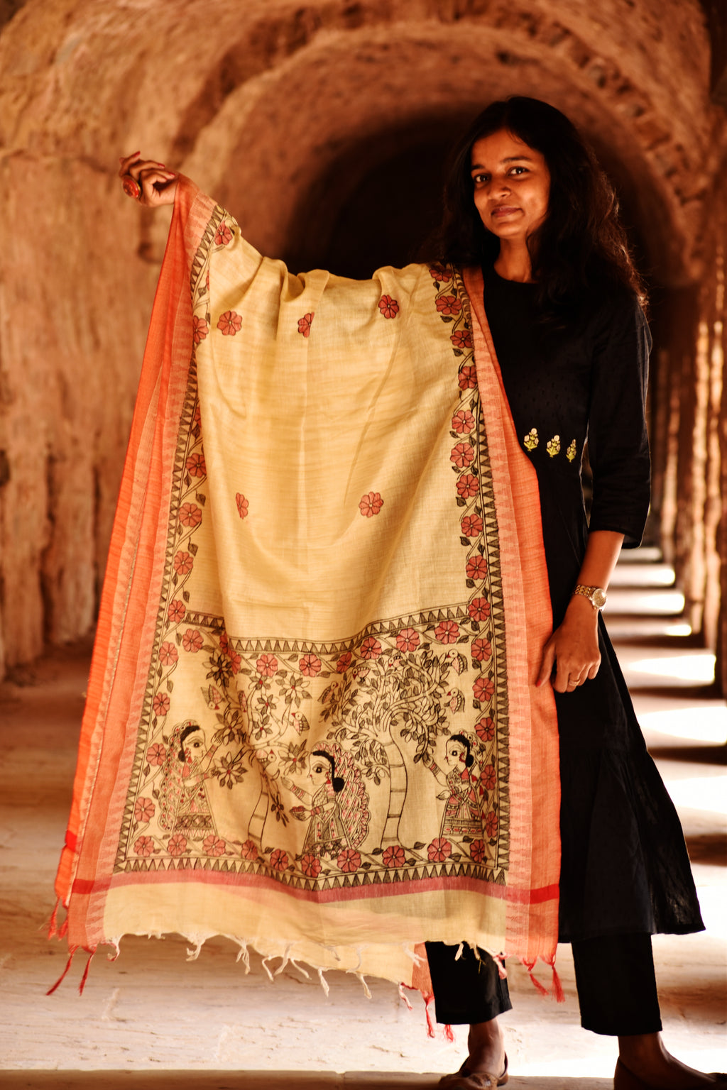 Madhubani Handpainted Black-Red Cotton Dupatta