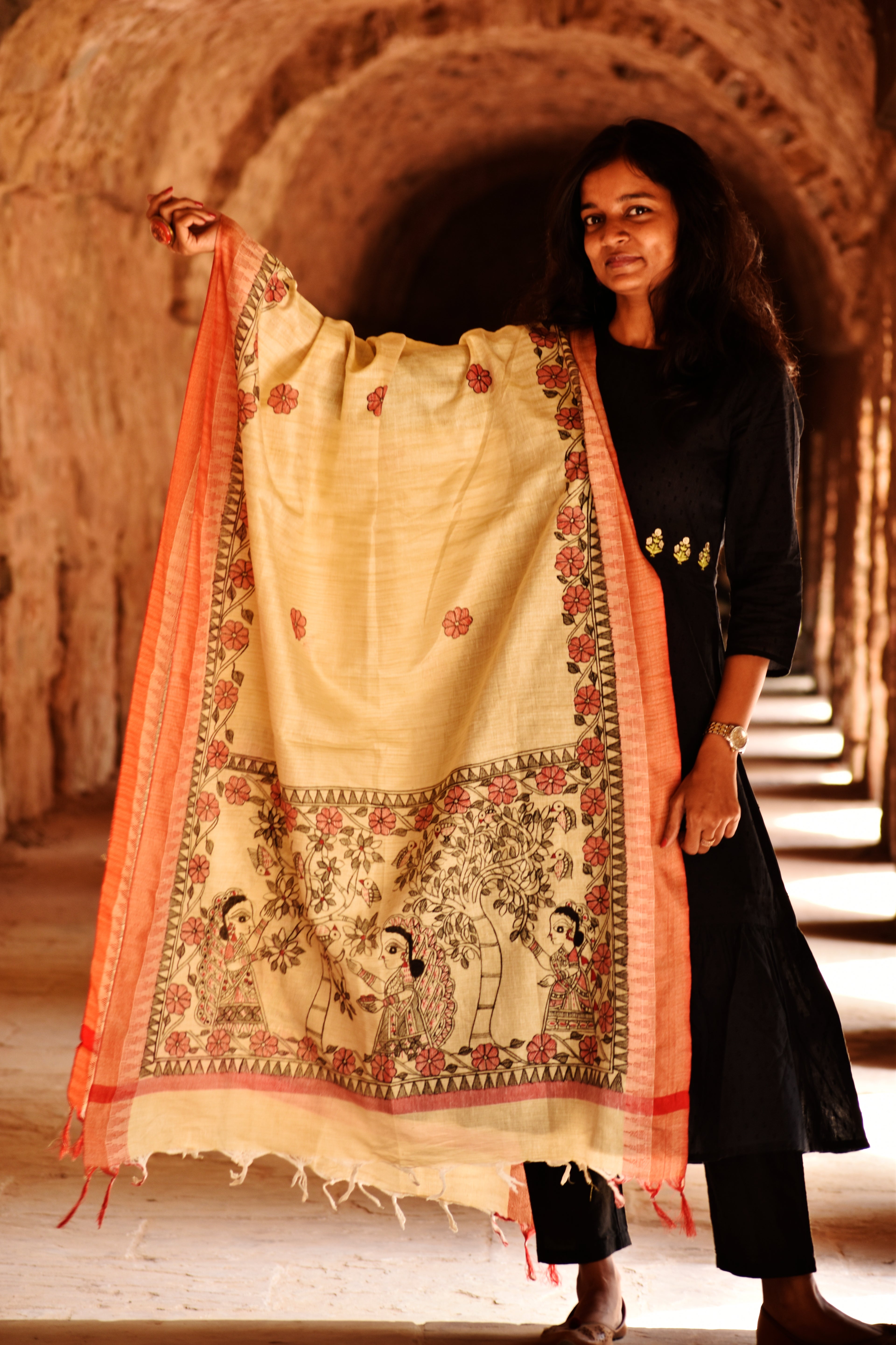Madhubani Handpainted Black-Red Cotton Dupatta