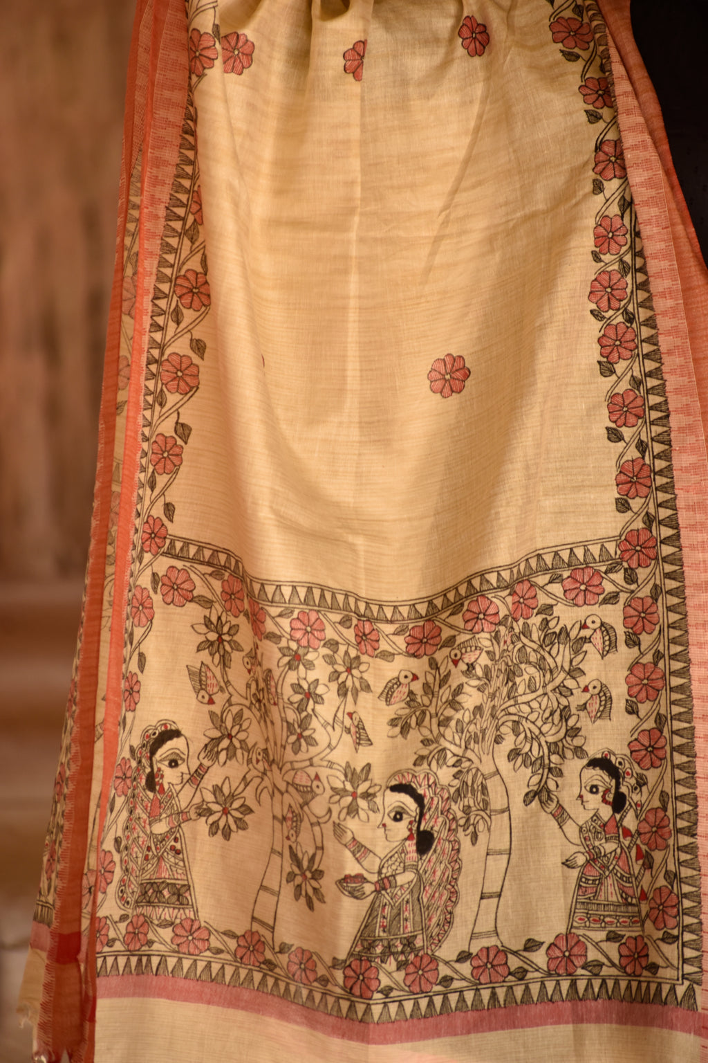 Madhubani Handpainted Black-Red Cotton Dupatta