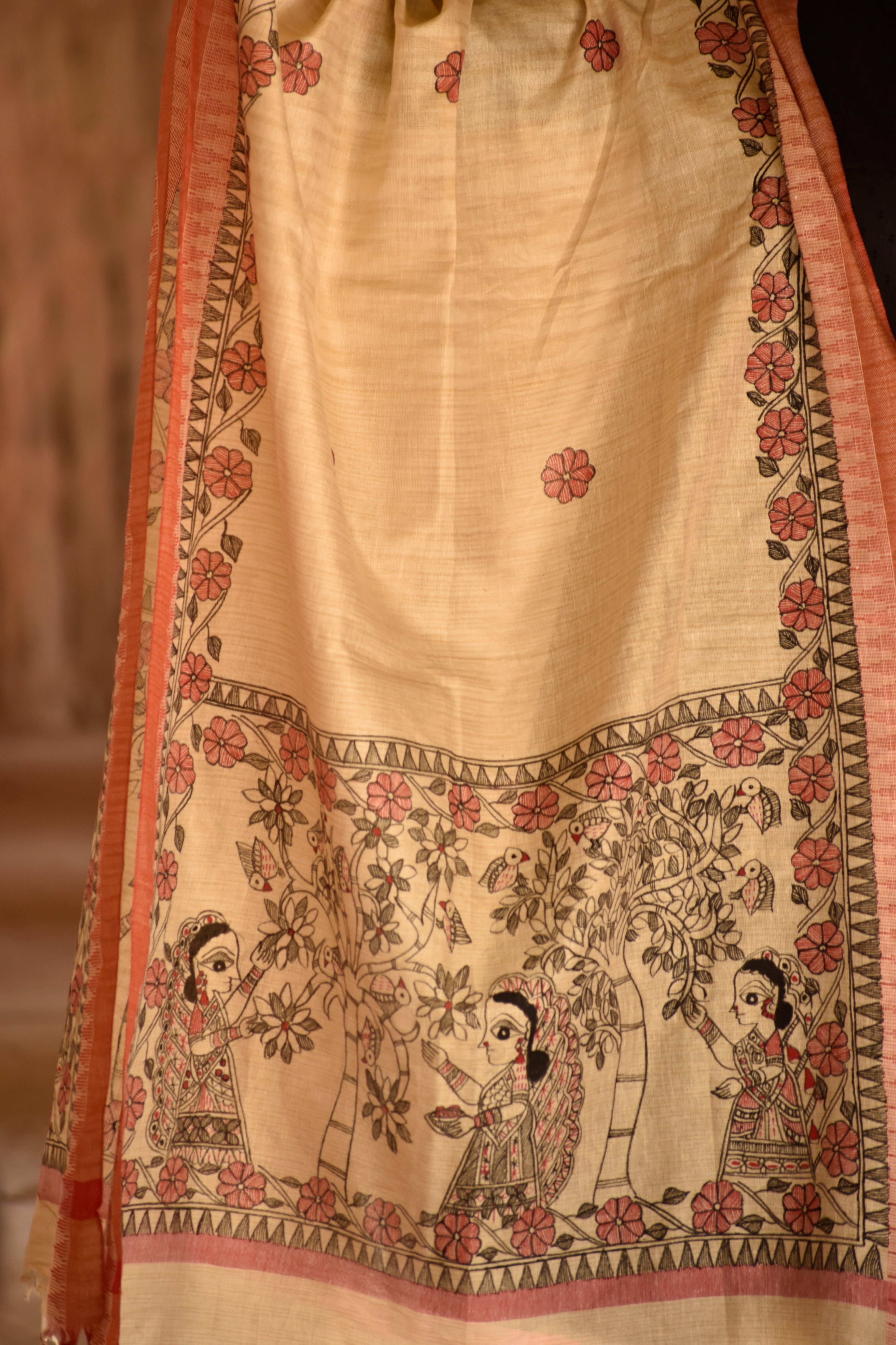 Madhubani Handpainted Black-Red Cotton Dupatta