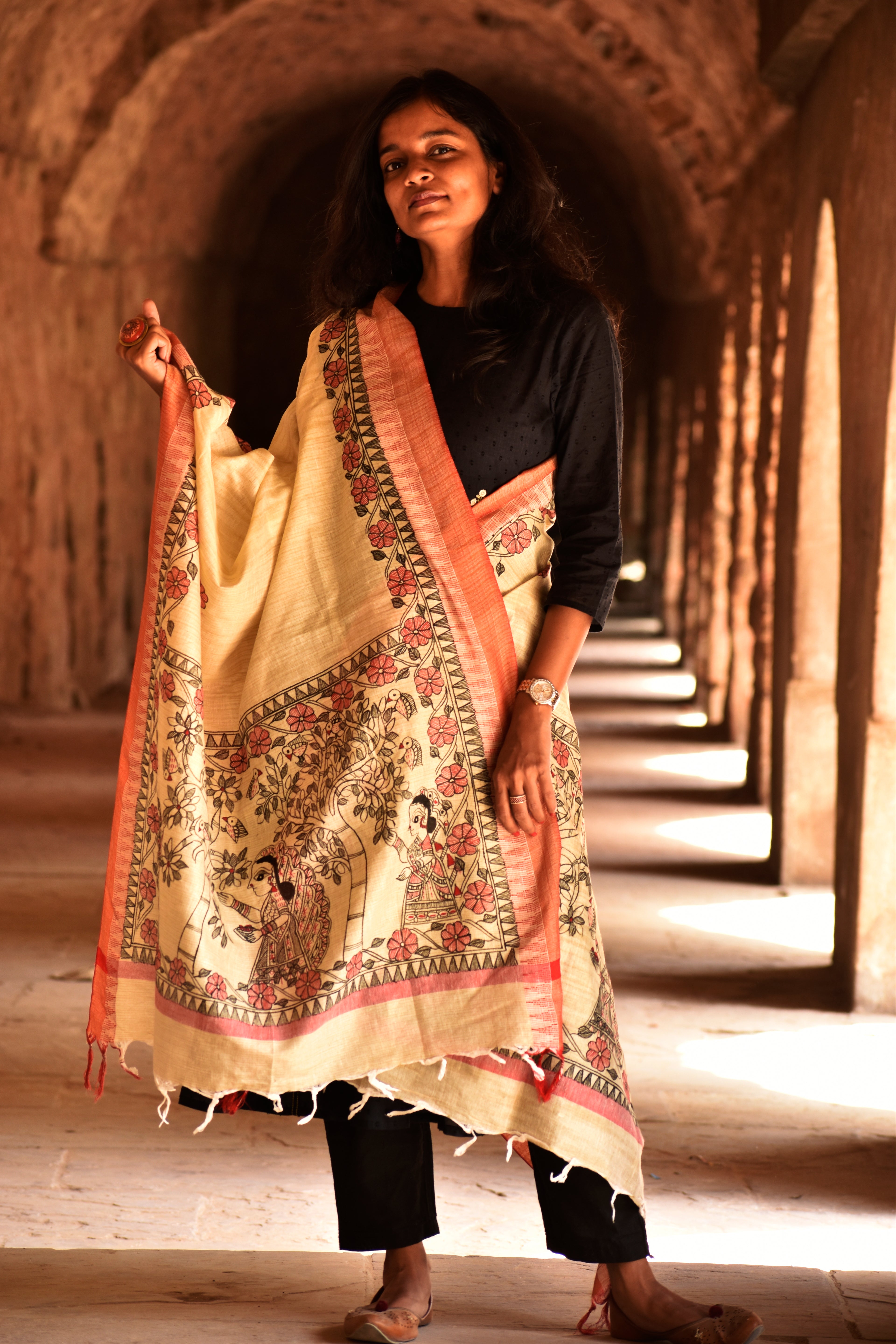 Madhubani Handpainted Black-Red Cotton Dupatta