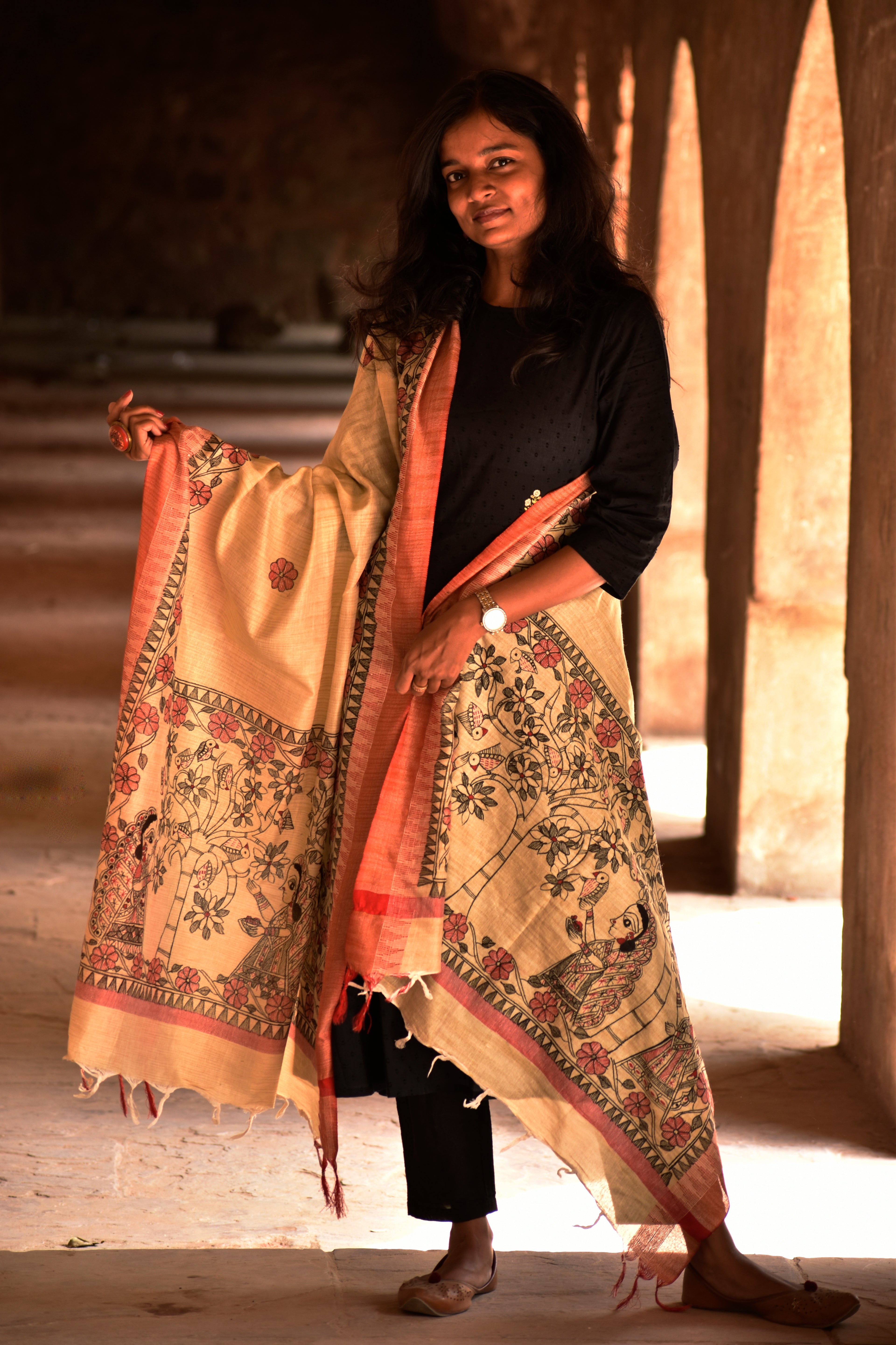 Madhubani Handpainted Black-Red Cotton Dupatta