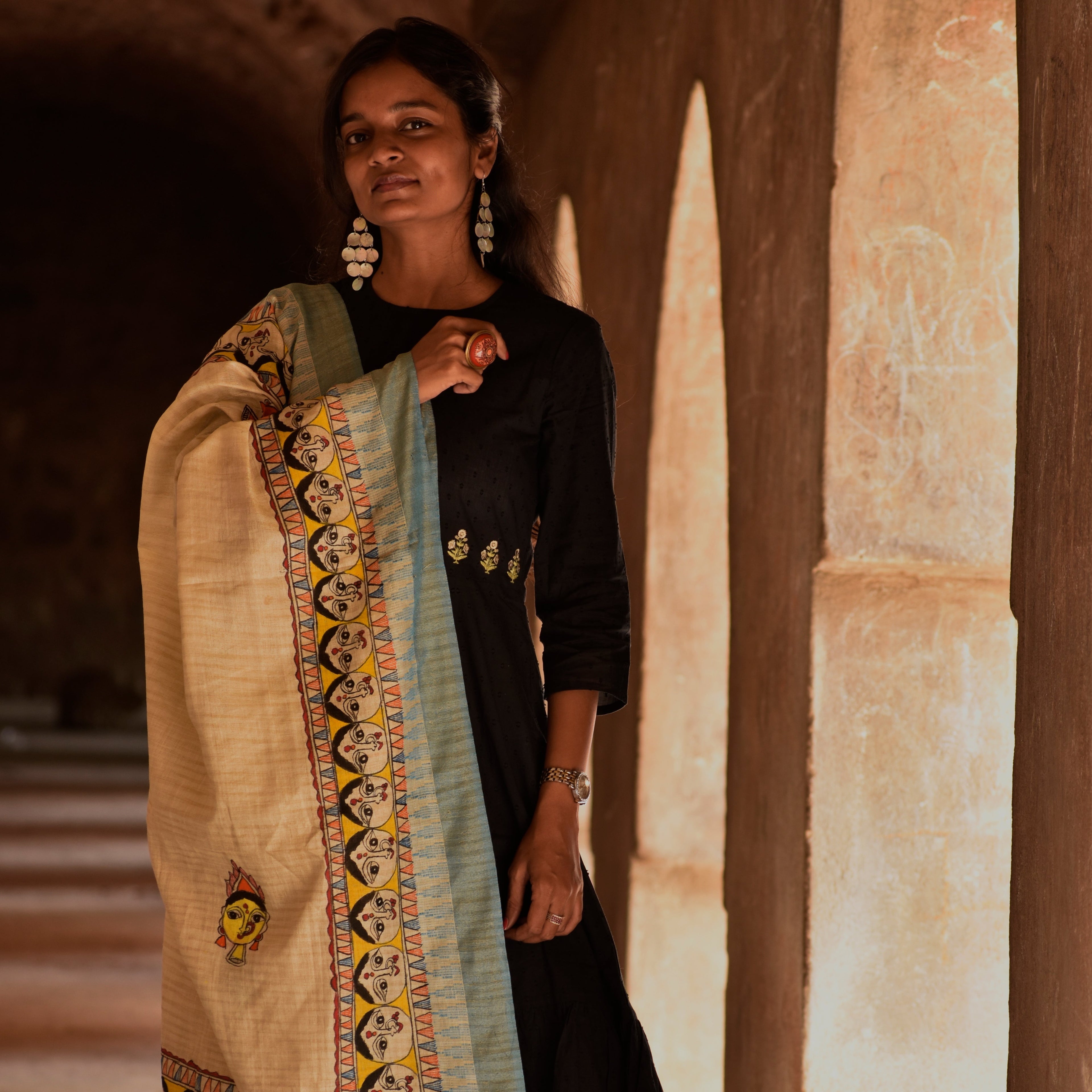 Madhubani Hand-Painted Durga Face Cotton Dupatta