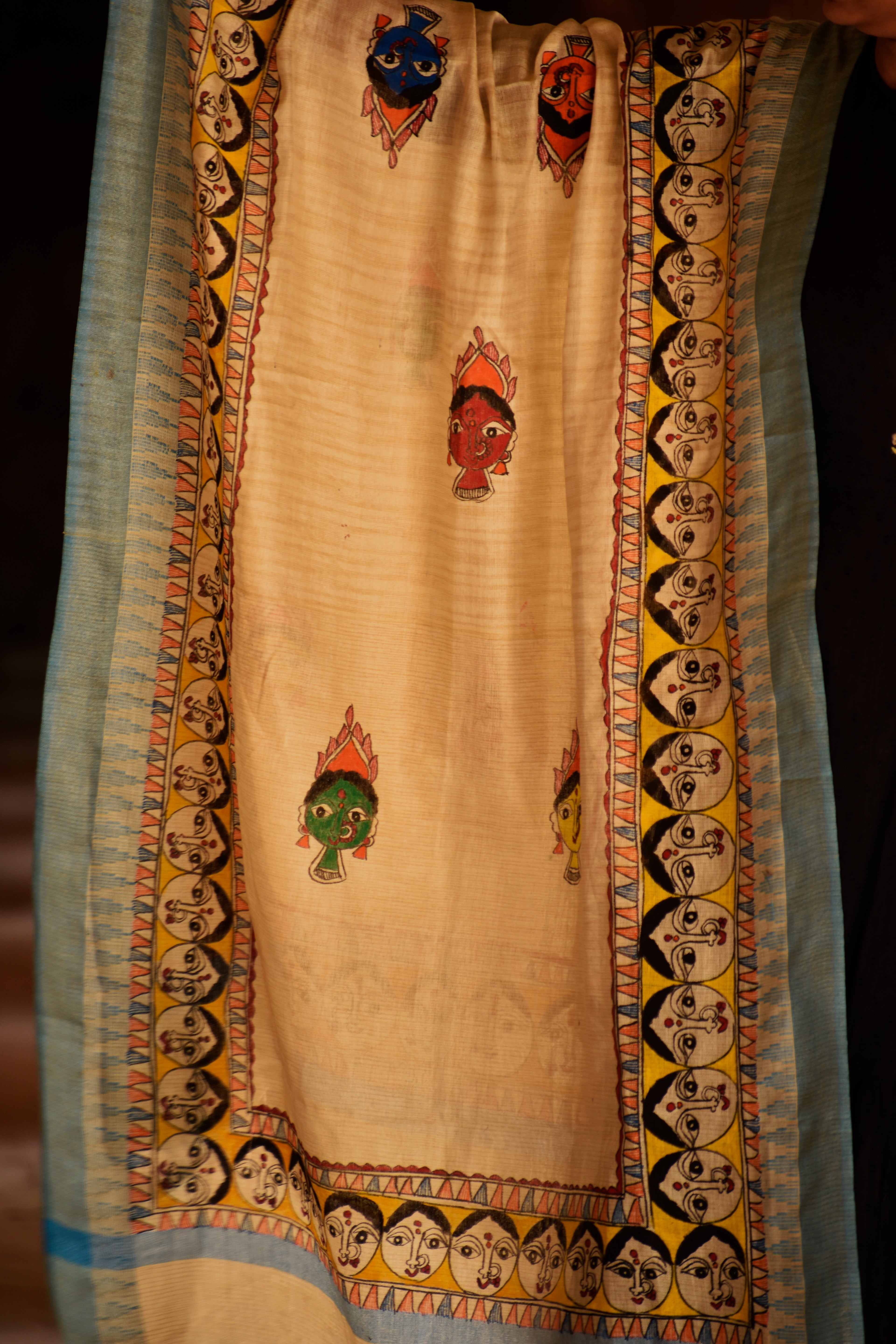 Madhubani Hand-Painted Durga Face Cotton Dupatta