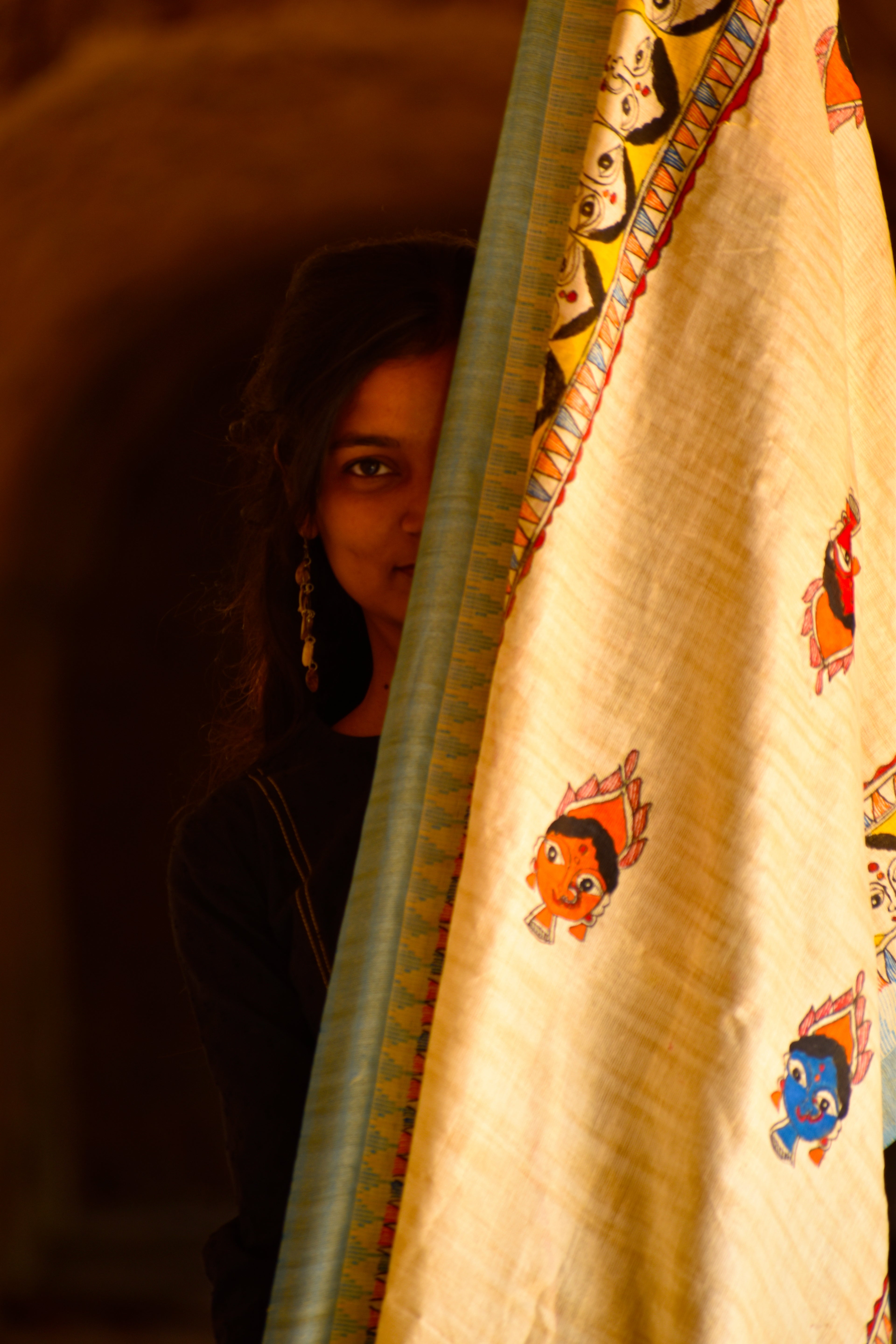 Madhubani Hand-Painted Durga Face Cotton Dupatta