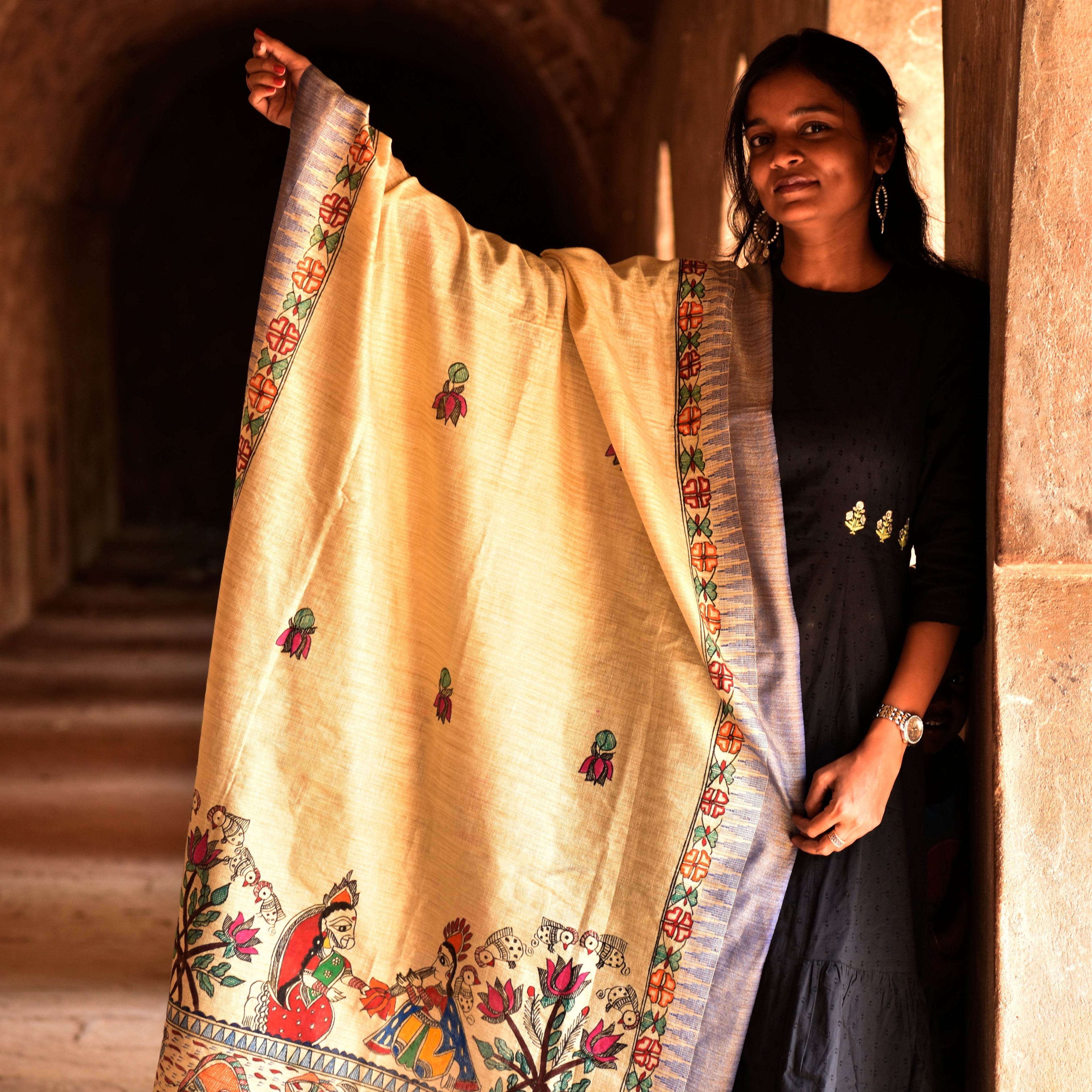 Madhubani Hand-Painted Radha Krishna Cotton Dupatta