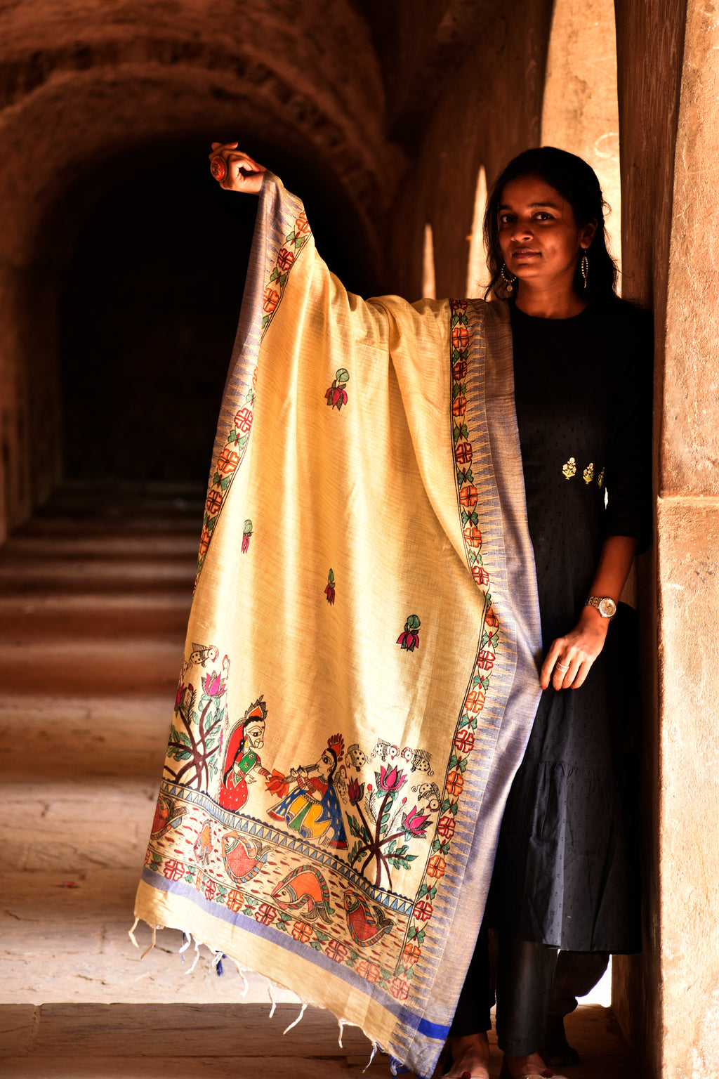 Madhubani Hand-Painted Radha Krishna Cotton Dupatta