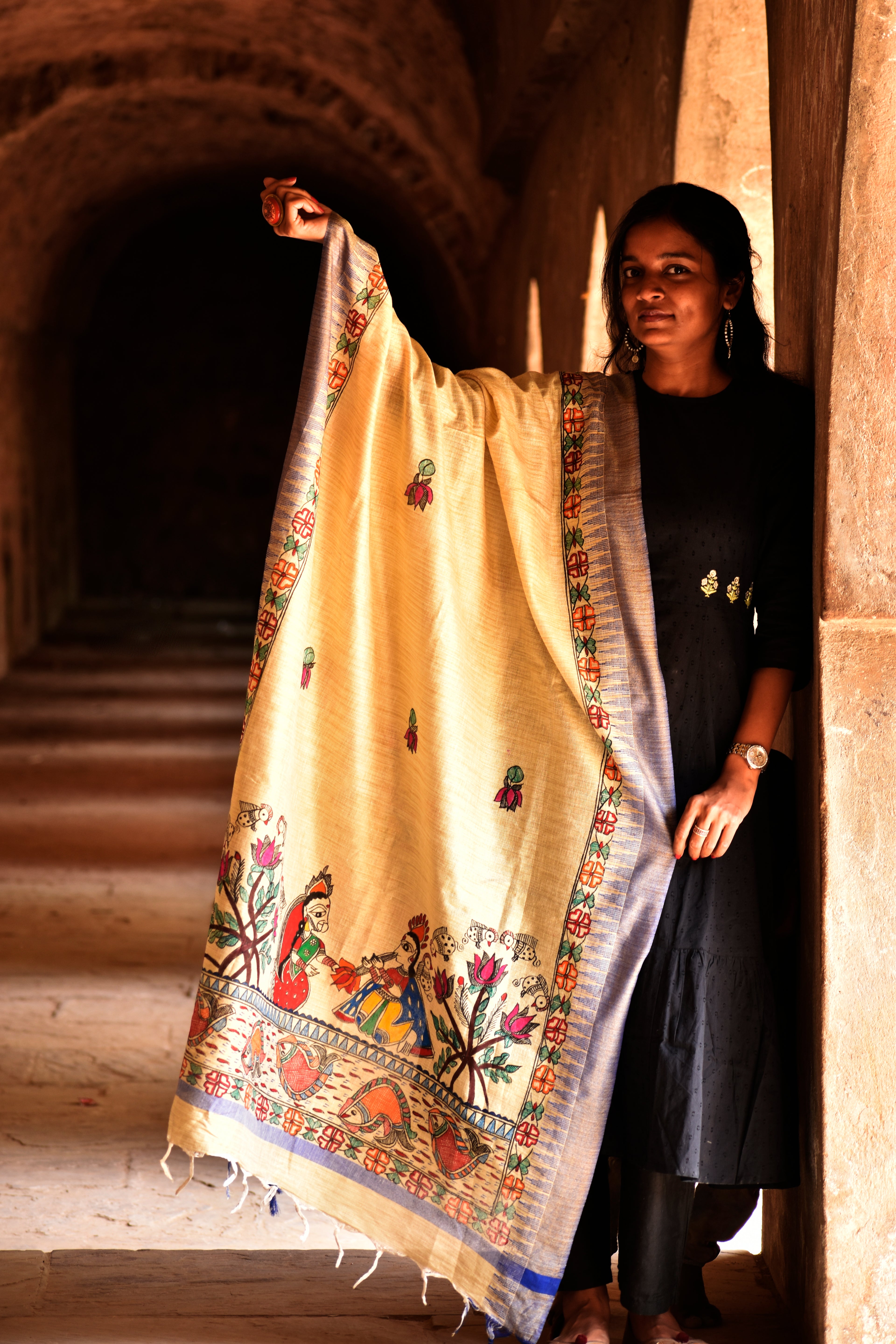 Madhubani Hand-Painted Radha Krishna Cotton Dupatta