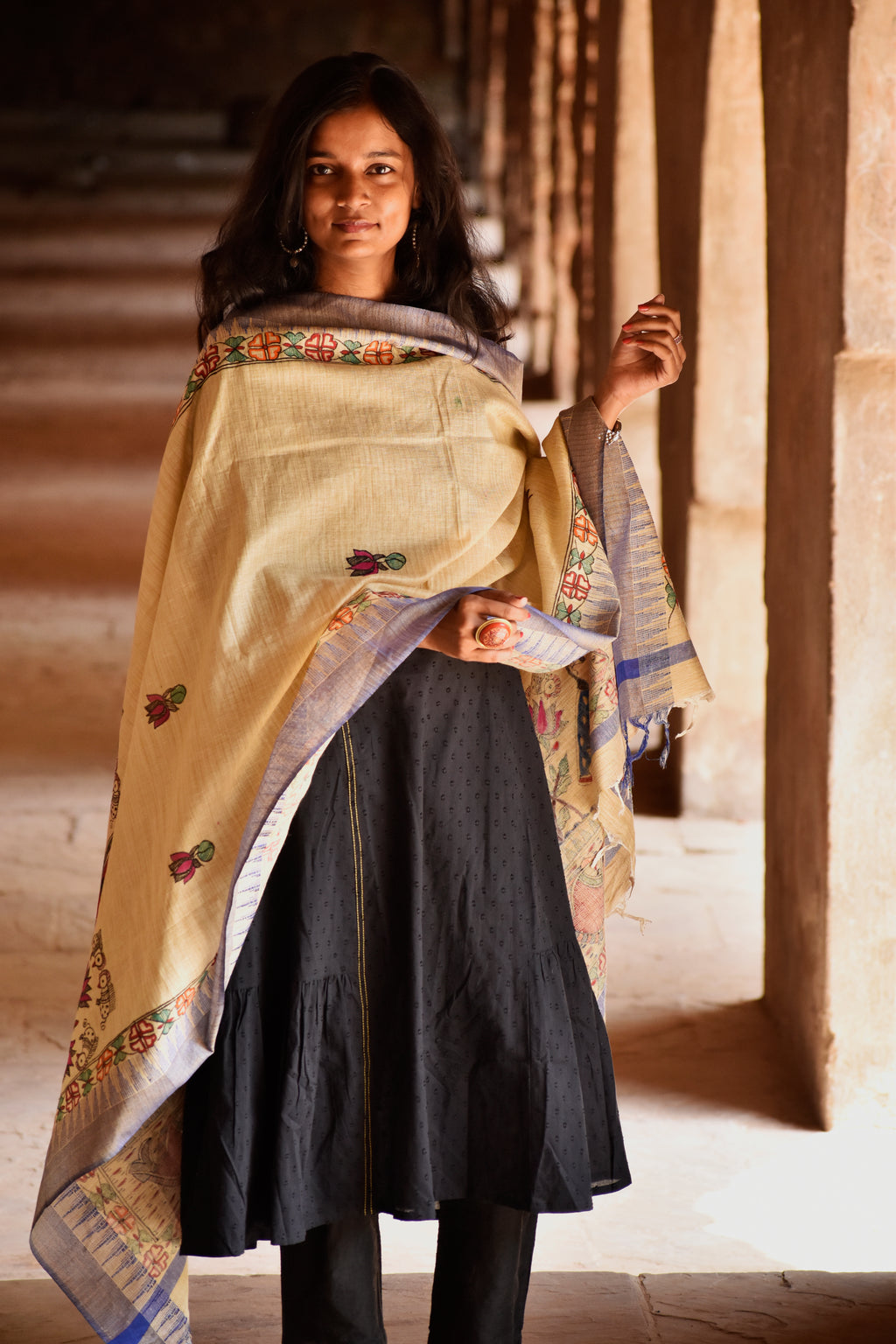 Madhubani Hand-Painted Radha Krishna Cotton Dupatta