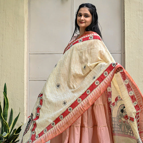 Madhubani Hand-Painted Makhan Chor Cotton Dupatta