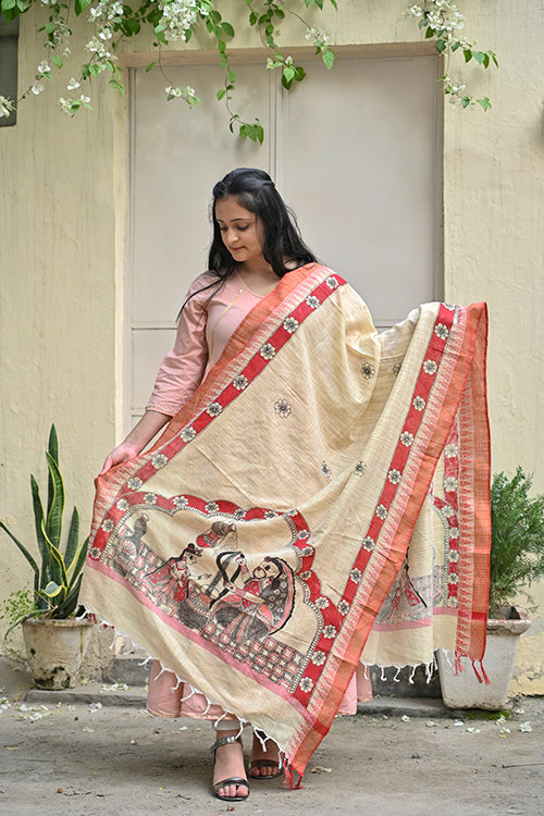 Madhubani Hand-Painted Makhan Chor Cotton Dupatta