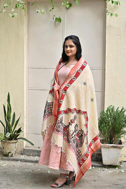 Madhubani Hand-Painted Makhan Chor Cotton Dupatta