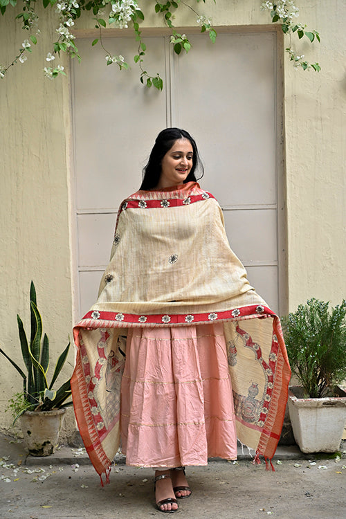 Madhubani Hand-Painted Makhan Chor Cotton Dupatta