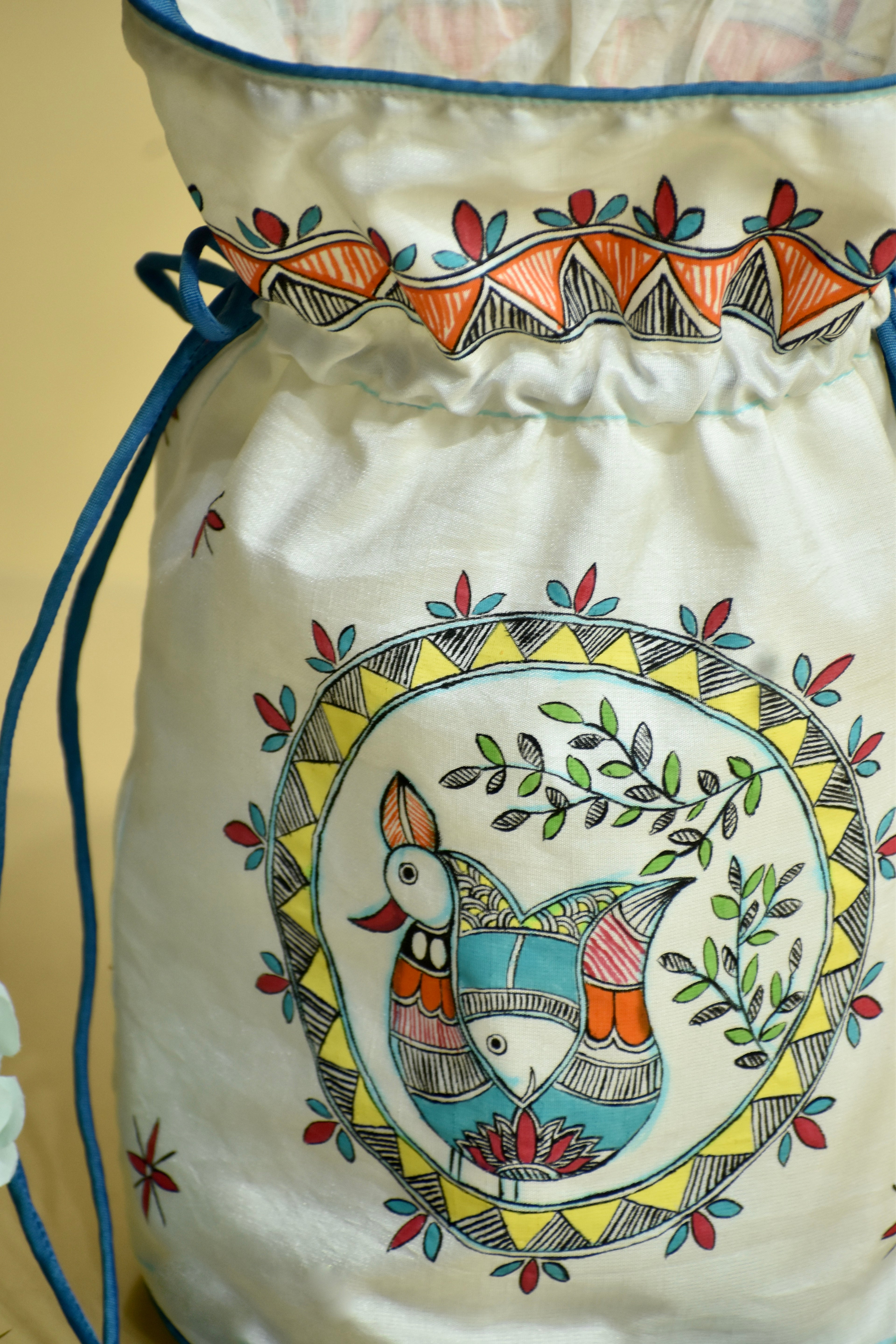 Feather & Fins Silk Handpainted Madhubani Potli