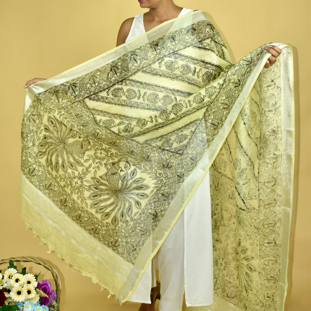 Madhubani All Over Hand-painted  Linen Dupatta