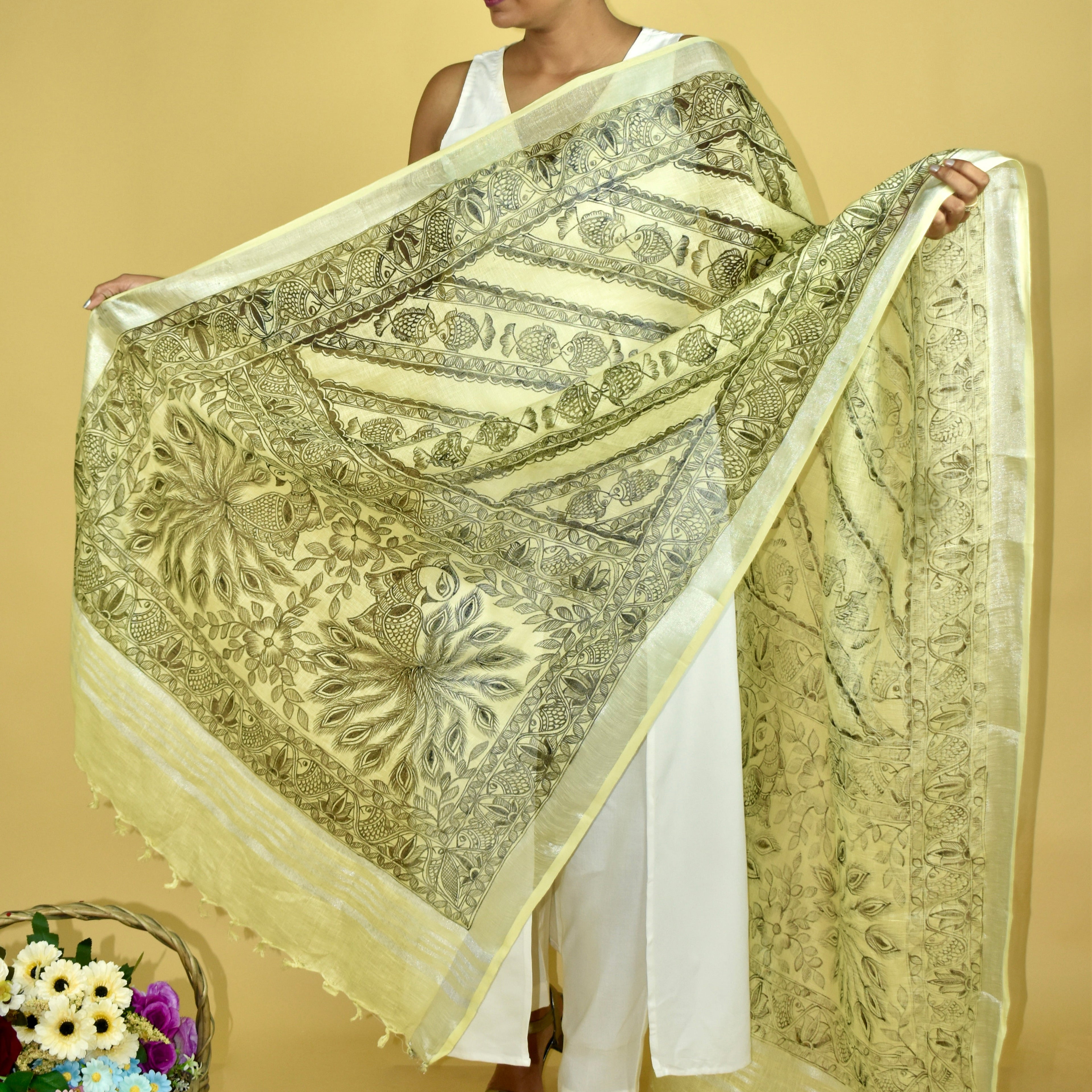 Madhubani All Over Hand-painted  Linen Dupatta