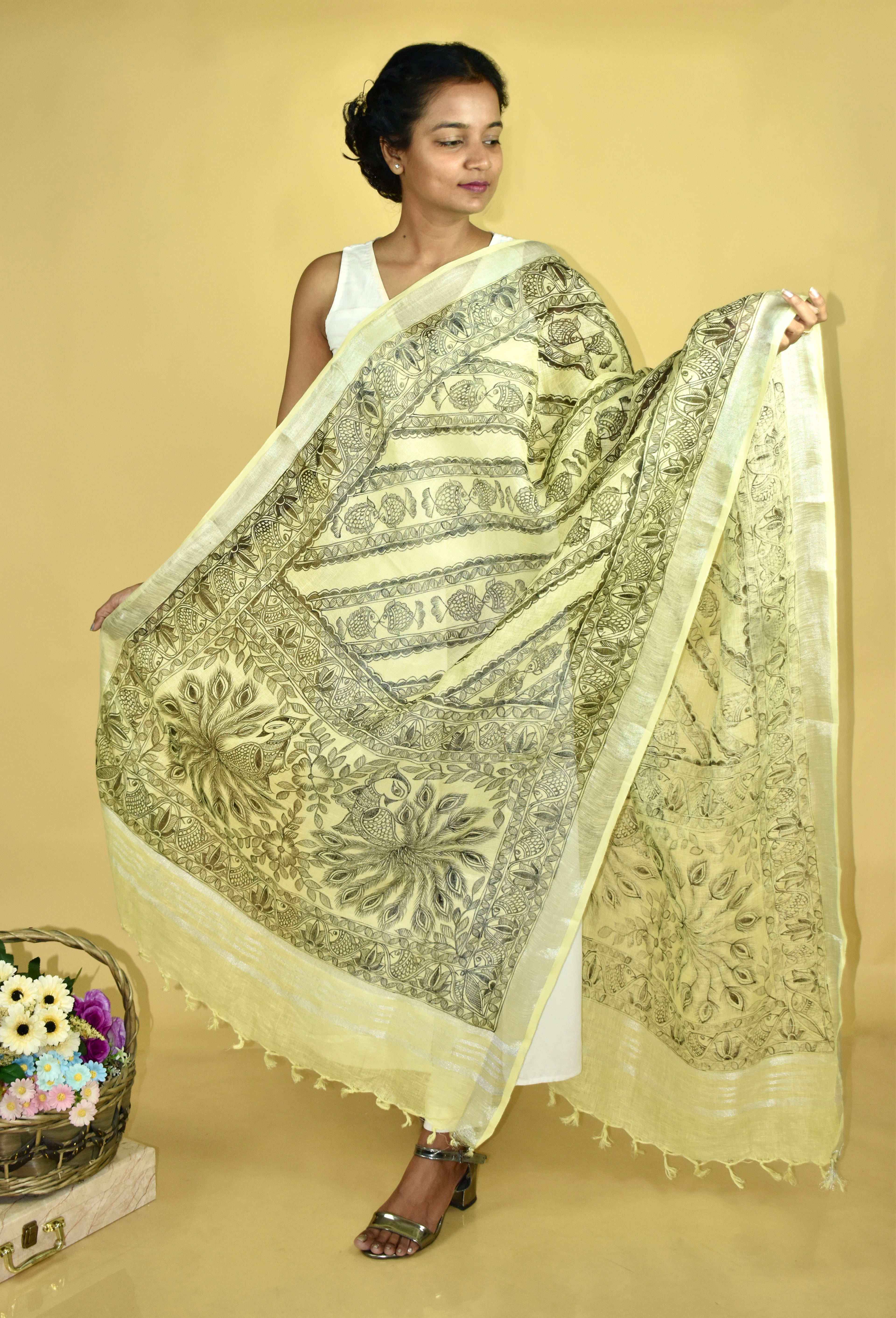 Madhubani All Over Hand-painted  Linen Dupatta