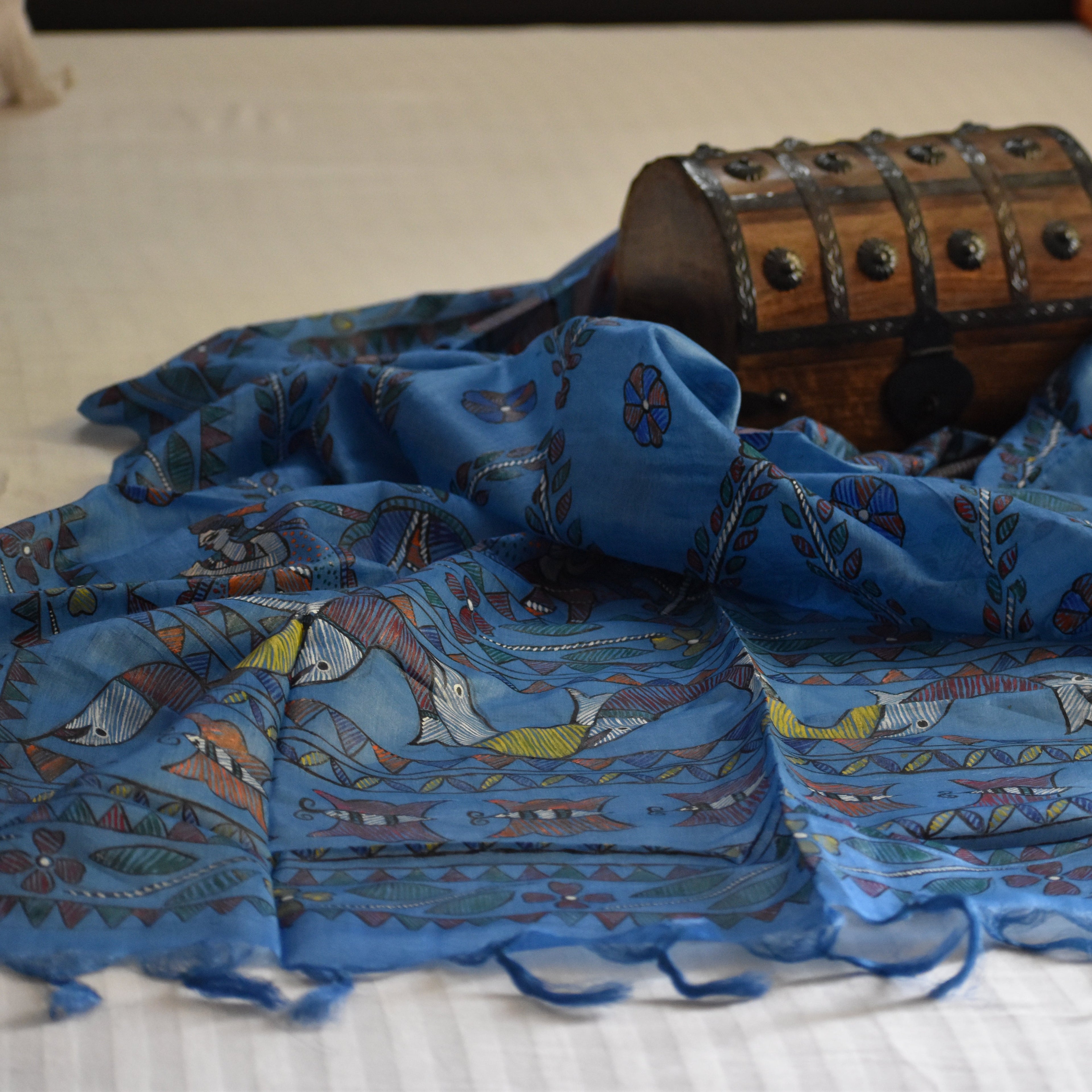 Madhubani Hand-Painted Tussar Silk Dupatta