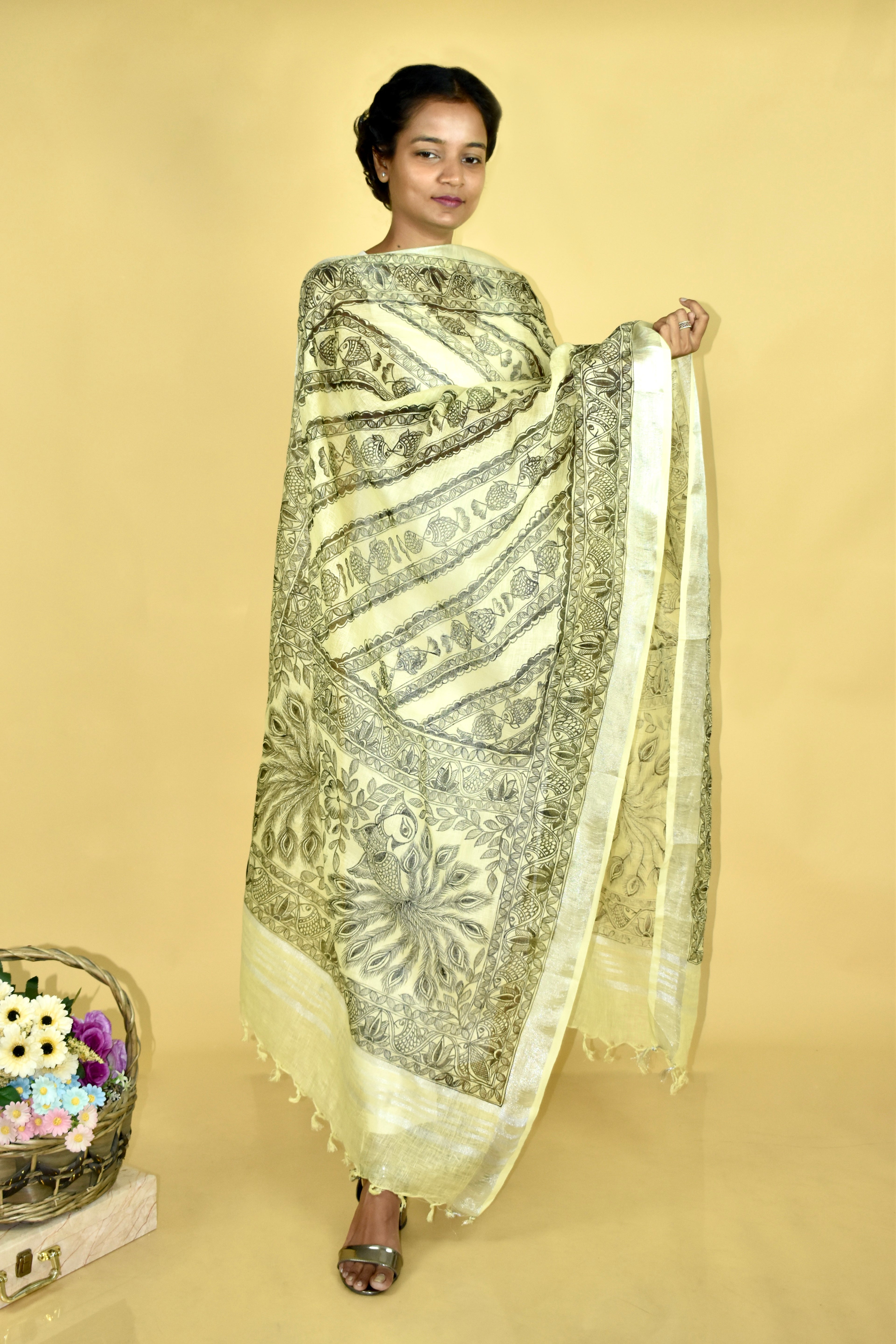Madhubani All Over Hand-painted  Linen Dupatta
