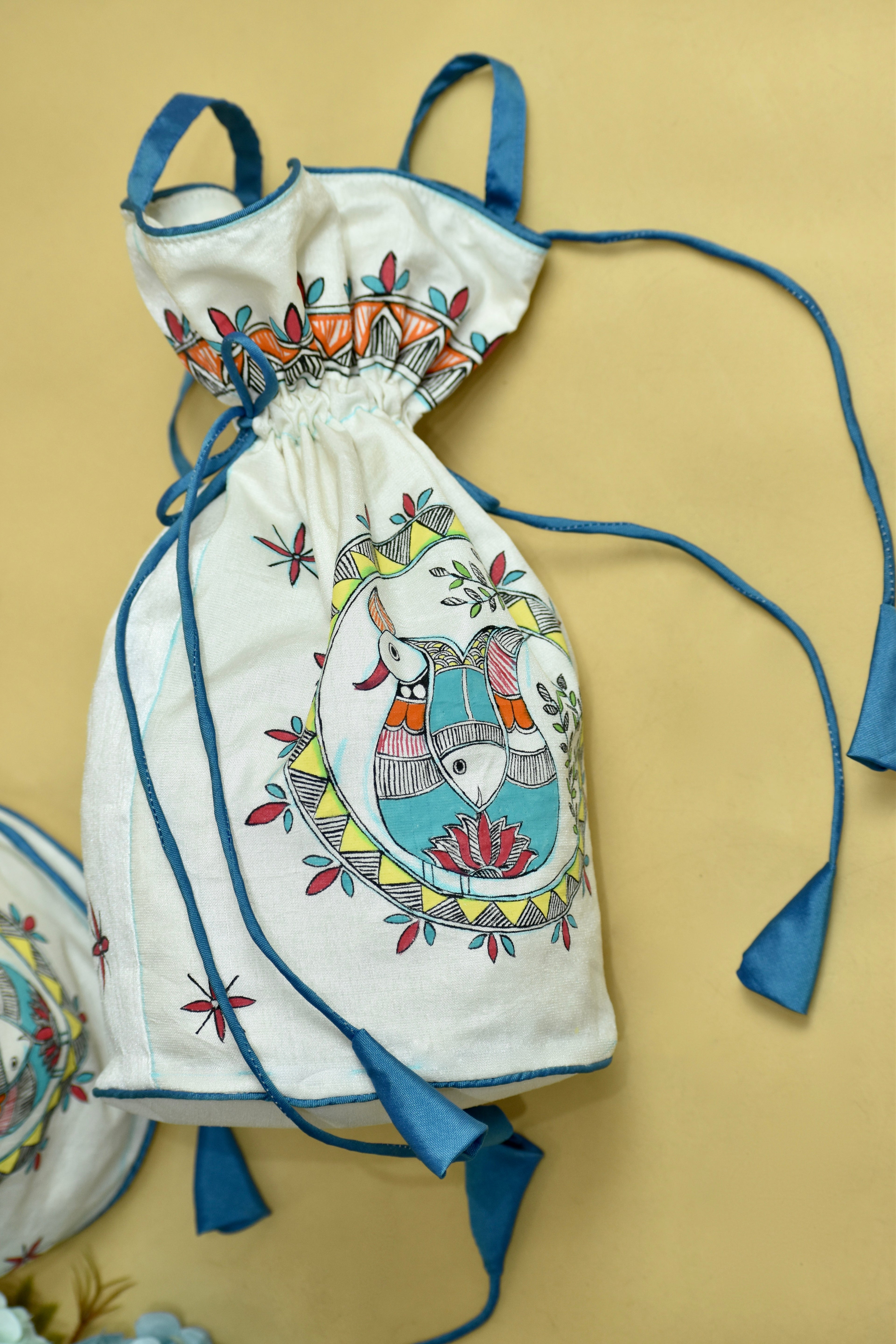 Feather & Fins Silk Handpainted Madhubani Potli