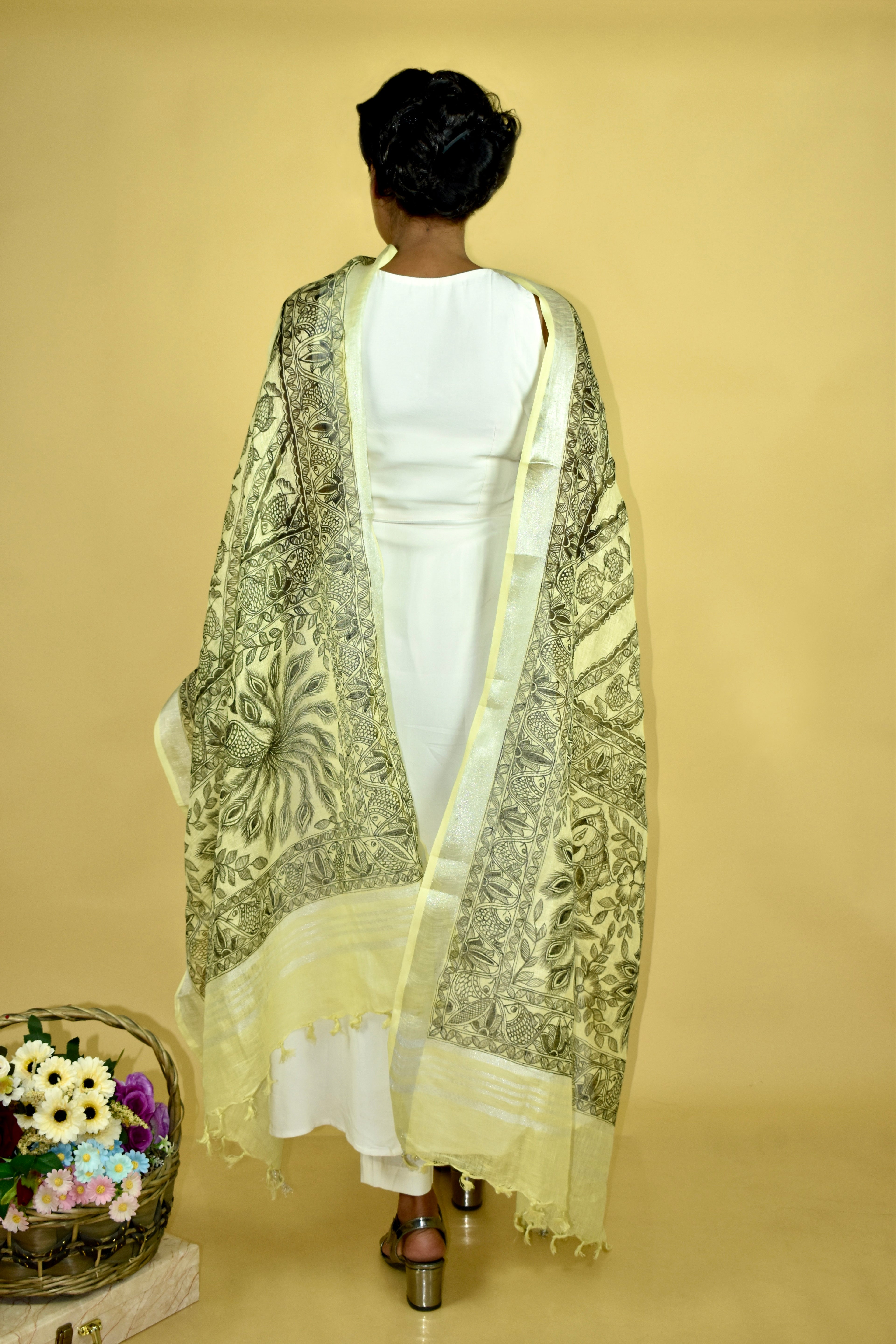 Madhubani All Over Hand-painted  Linen Dupatta