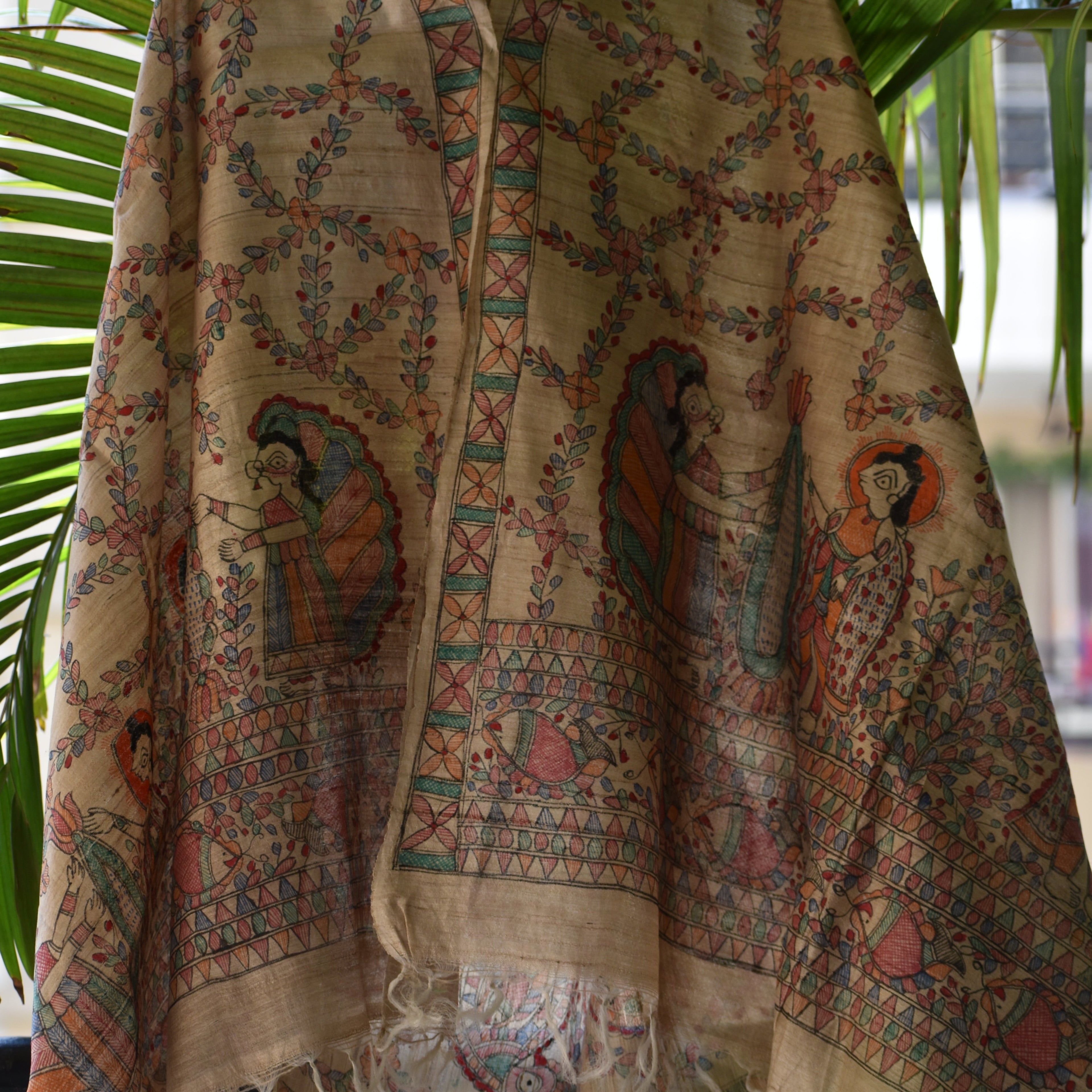 Madhubani Hand-Painted Natural Tussar Silk Dupatta