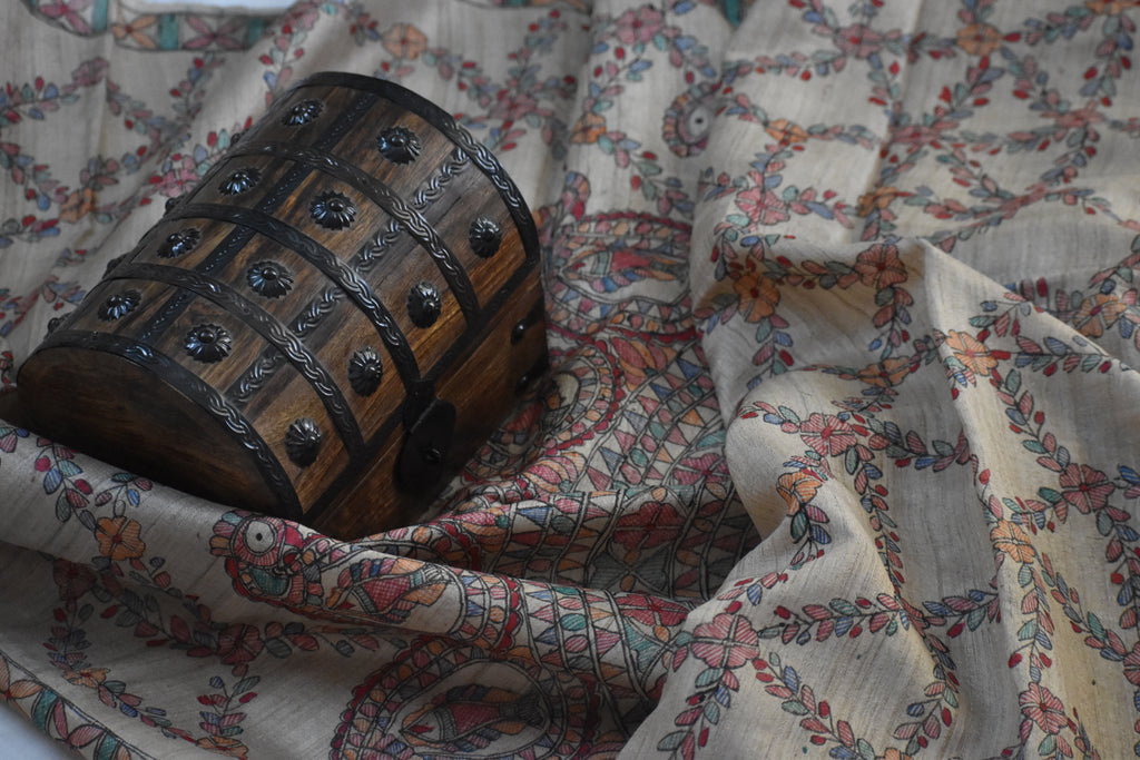 Madhubani Hand-Painted Natural Tussar Silk Dupatta