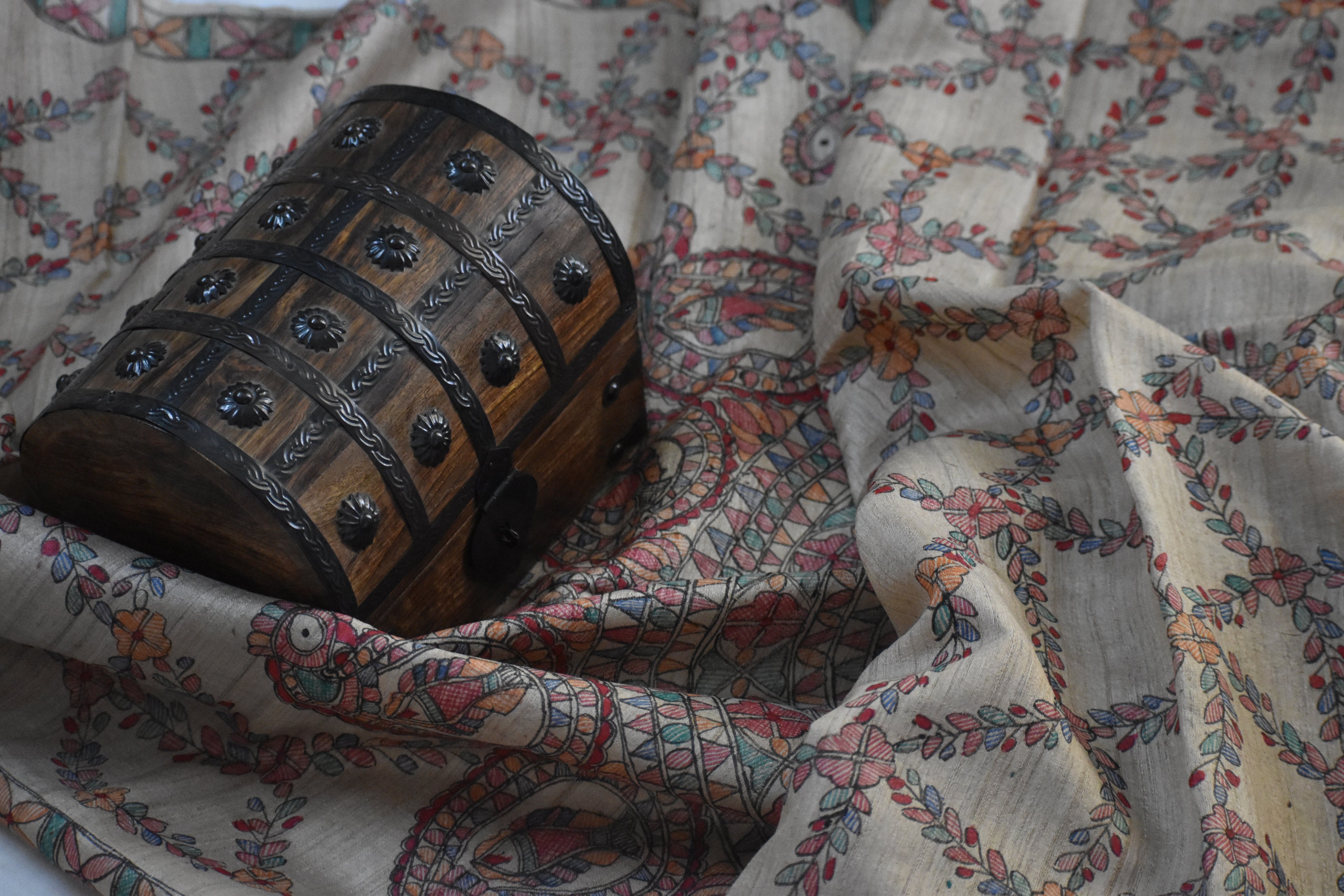 Madhubani Hand-Painted Natural Tussar Silk Dupatta