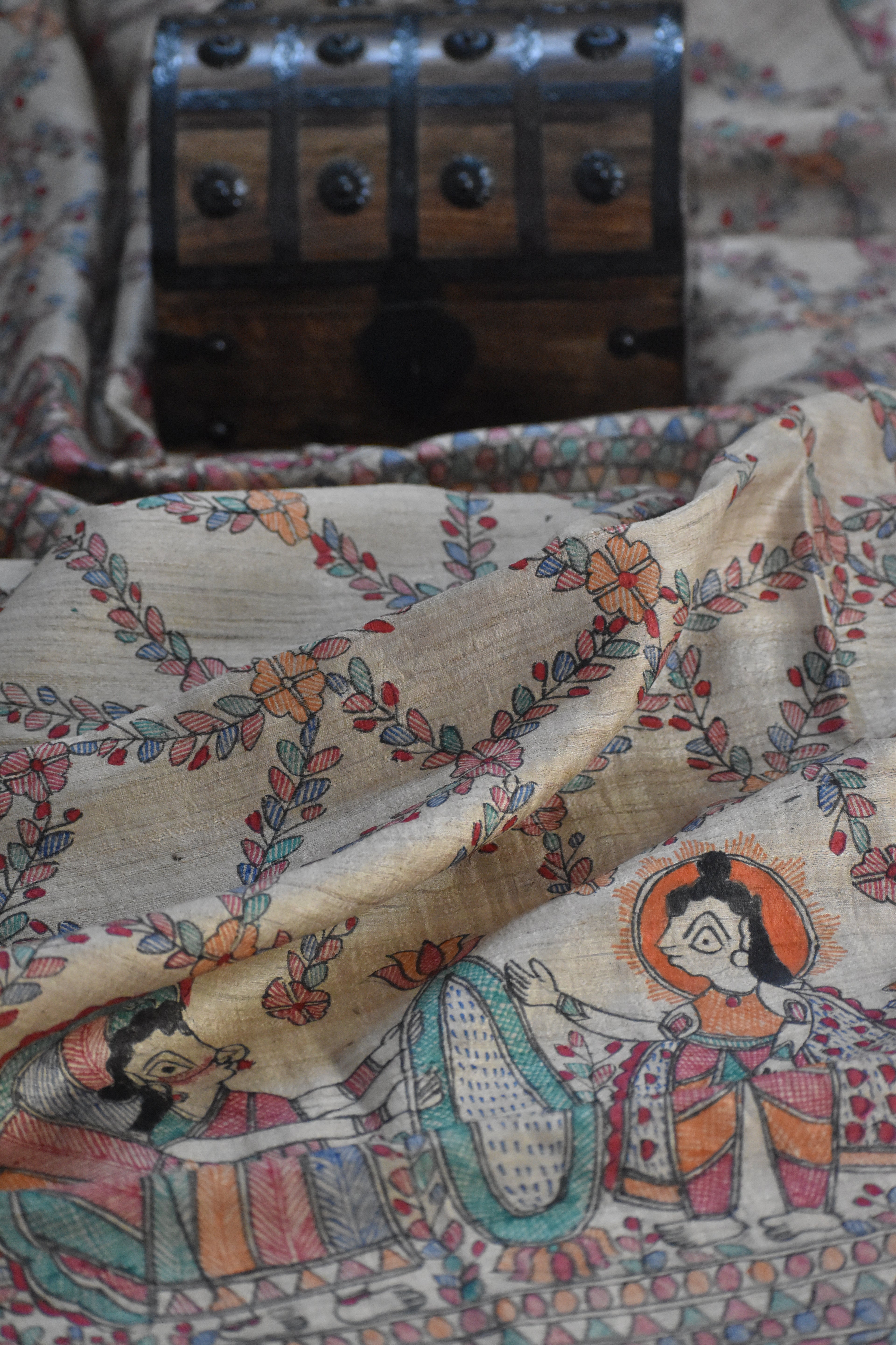 Madhubani Hand-Painted Natural Tussar Silk Dupatta