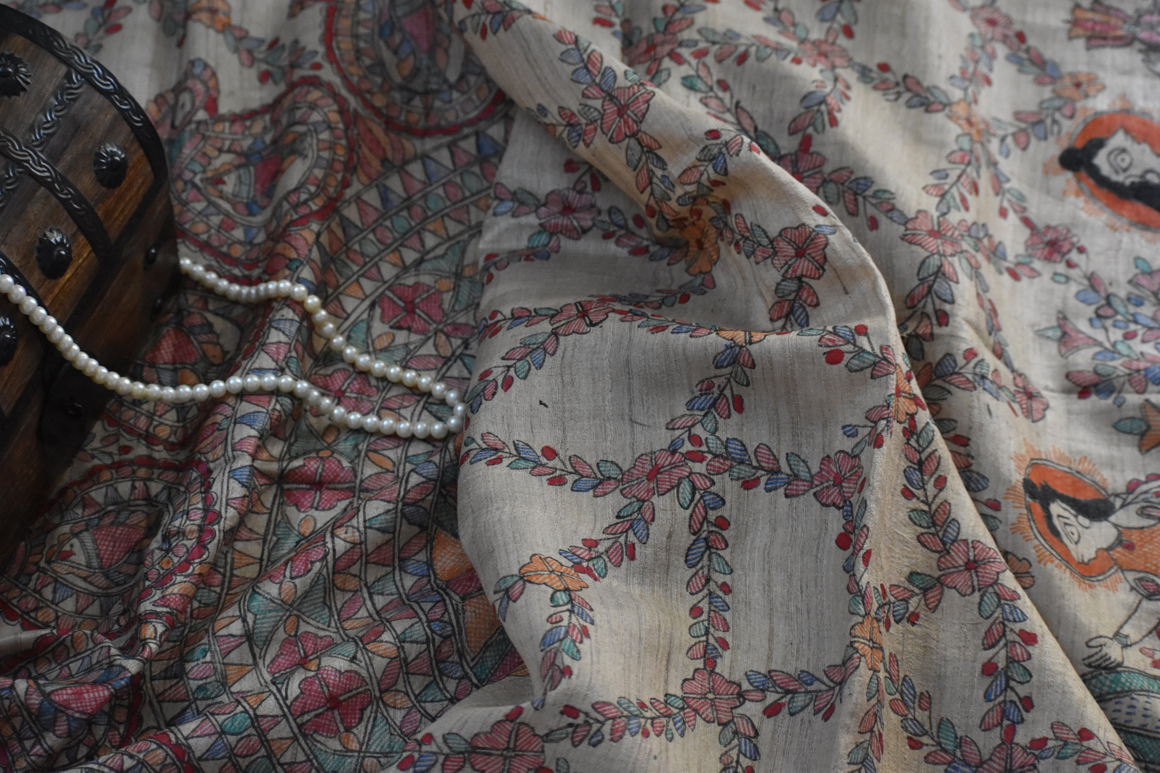 Madhubani Hand-Painted Natural Tussar Silk Dupatta