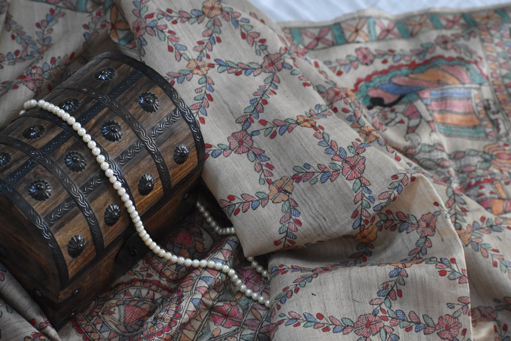 Madhubani Hand-Painted Natural Tussar Silk Dupatta