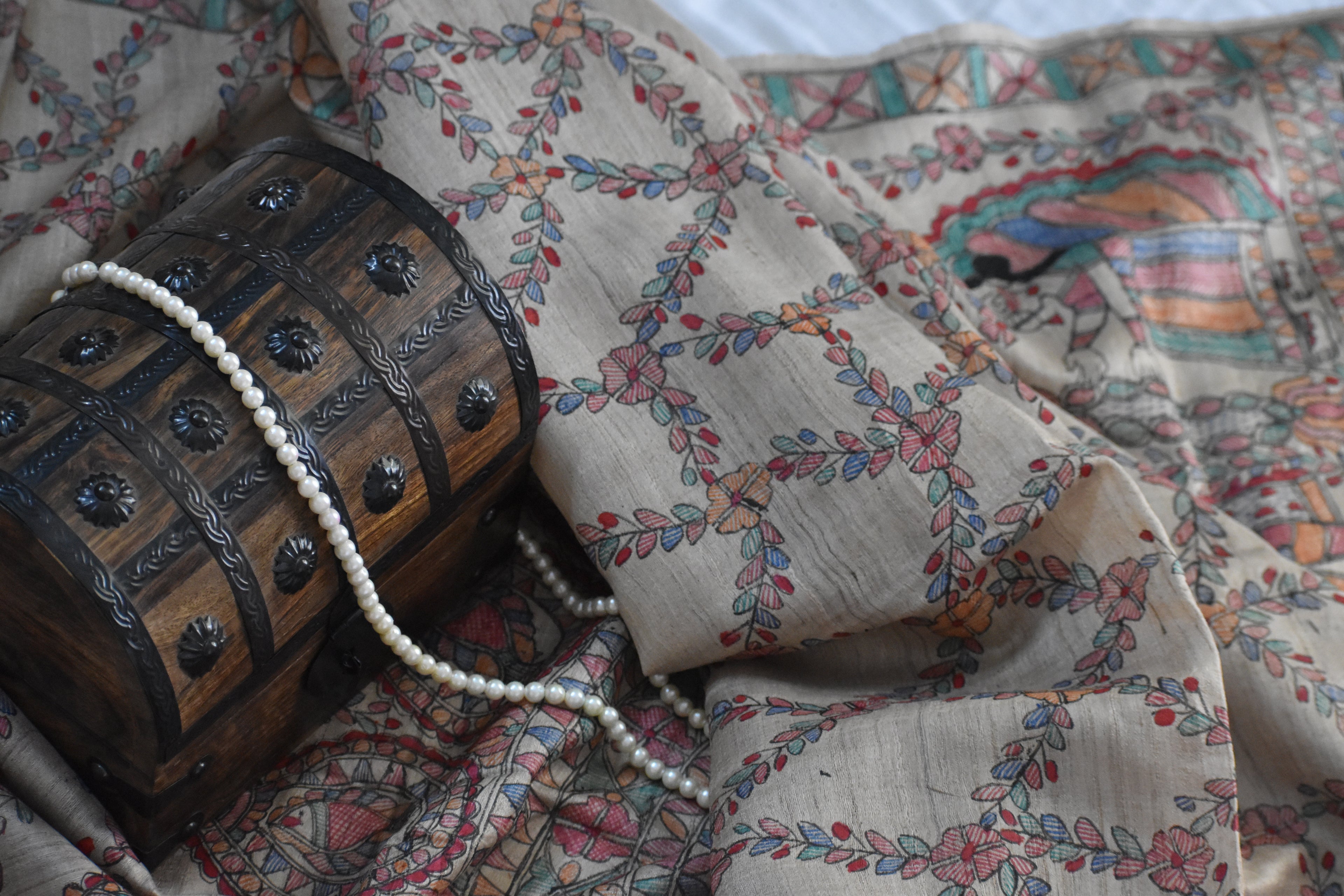 Madhubani Hand-Painted Natural Tussar Silk Dupatta