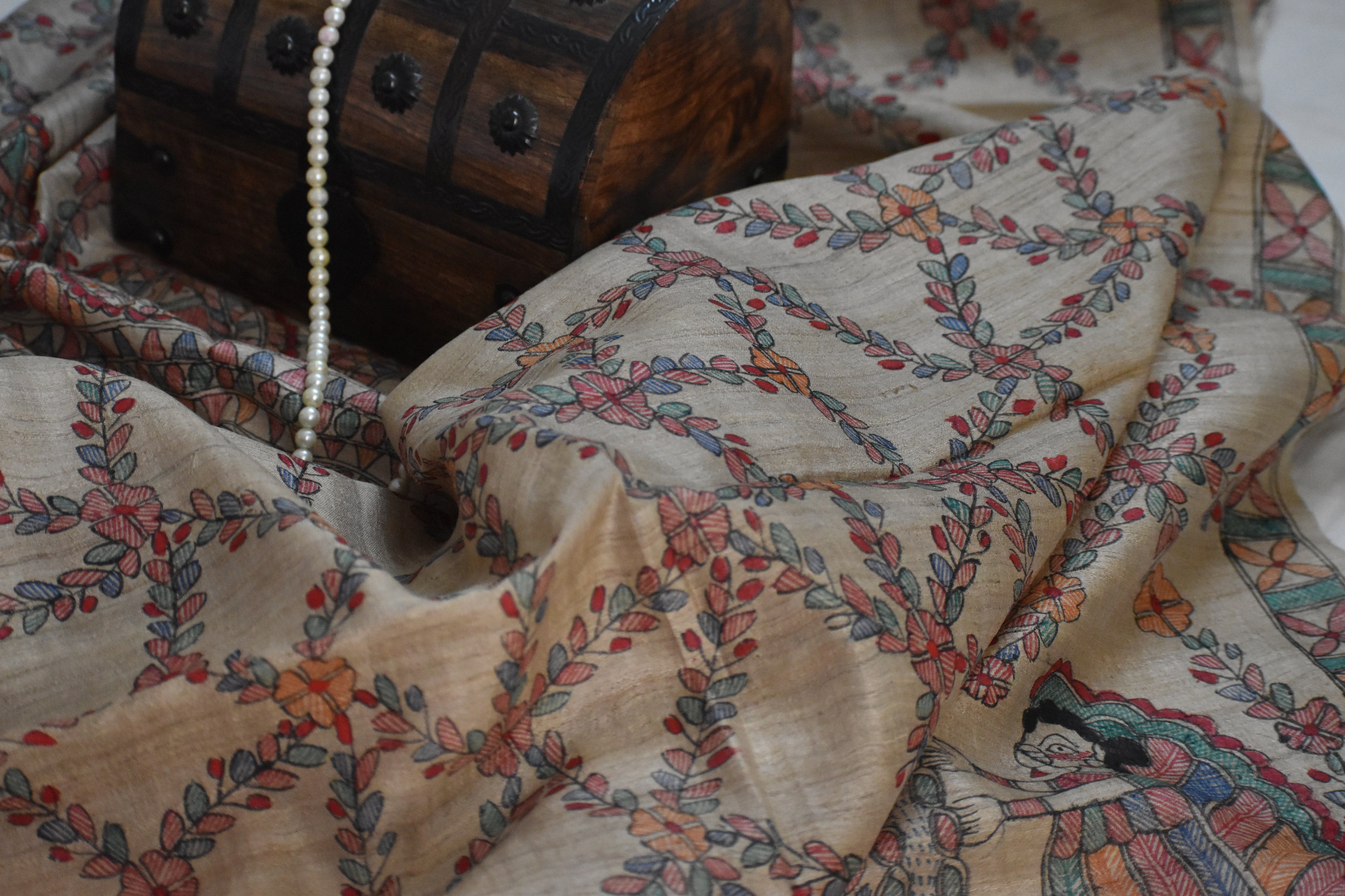 Madhubani Hand-Painted Natural Tussar Silk Dupatta