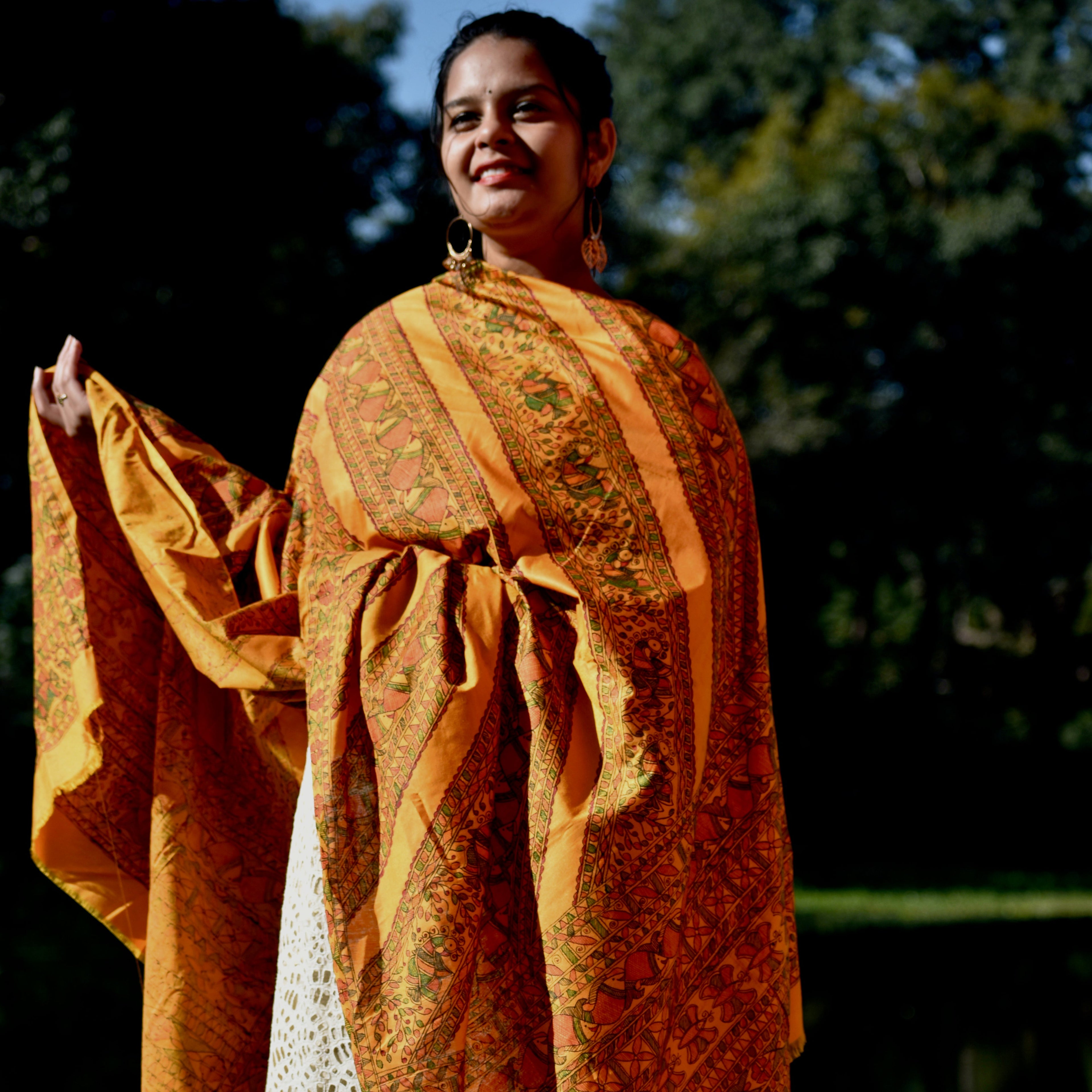 Madhubani Hand-Painted Tangerine Orange Silk Dupatta